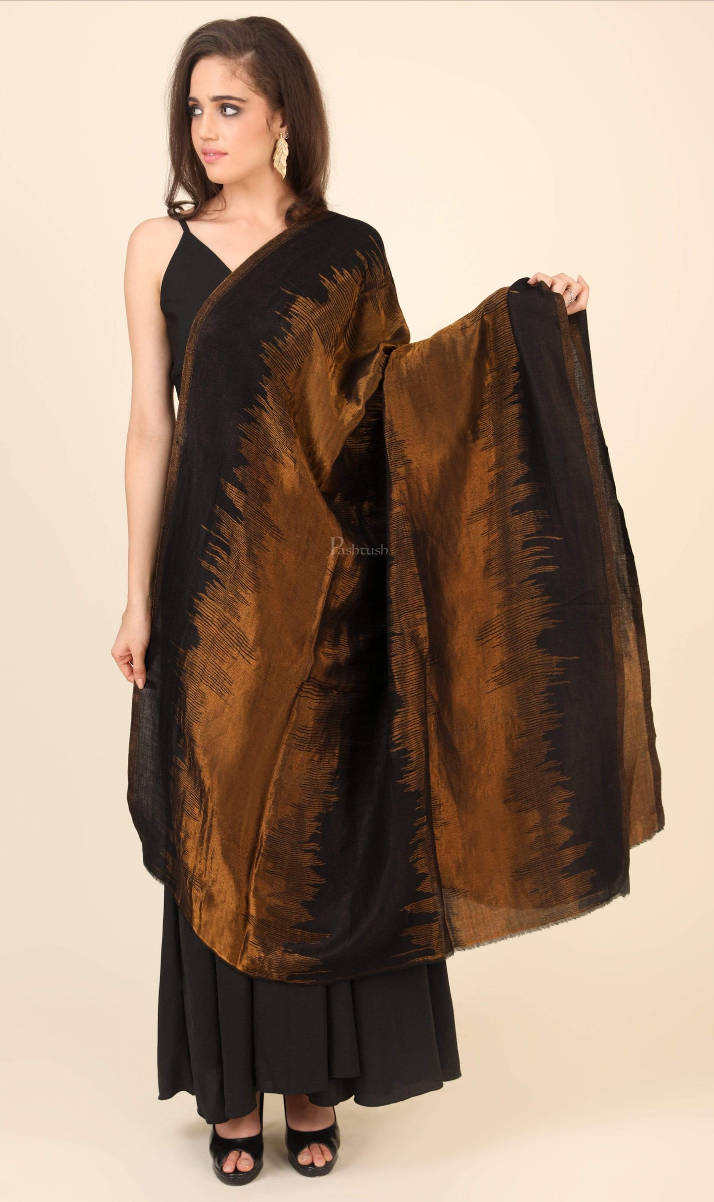 Pashtush India 70x200 Pashtush Womens Twilight Collection, Jacquard Stole, With Metallic Thread Weave, Fine Wool