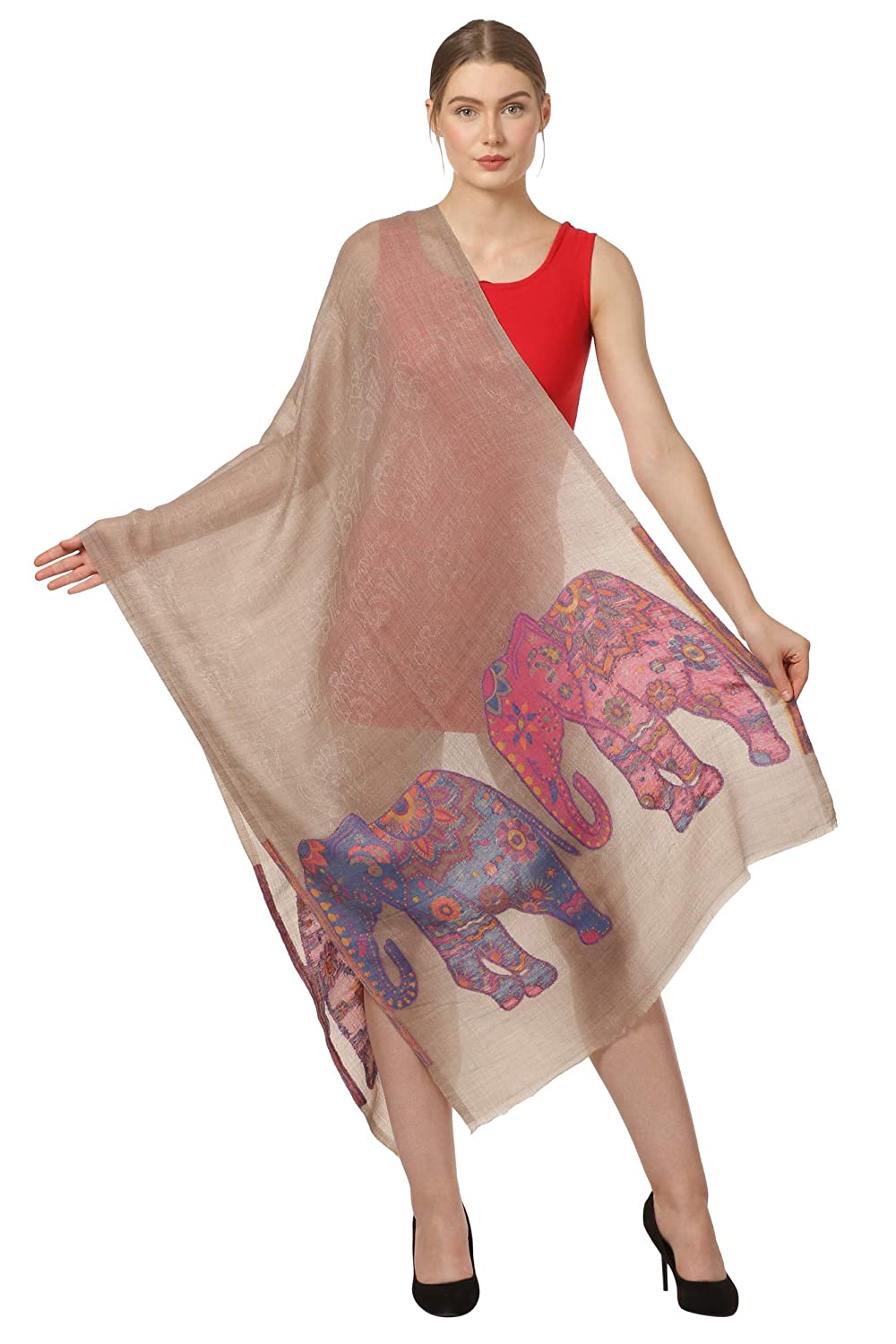 Pashtush Shawl Store Stole Pashtush Womens Ultra Fine Pashmina wool blended Scarf with Woven Elephant Design, Soft and Luxurious. (28 80 inches)