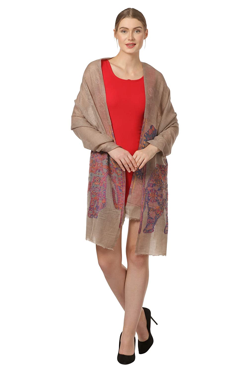 Pashtush Shawl Store Stole Pashtush Womens Ultra Fine Pashmina wool blended Scarf with Woven Elephant Design, Soft and Luxurious. (28 80 inches)