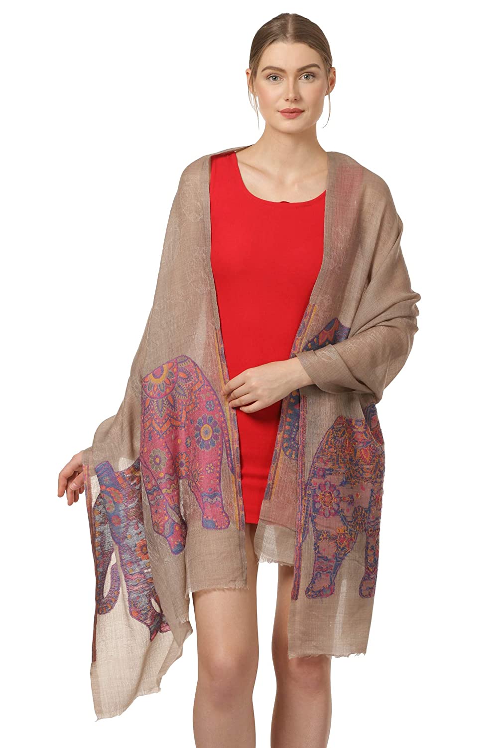 Pashtush Shawl Store Stole Pashtush Womens Ultra Fine Pashmina wool blended Scarf with Woven Elephant Design, Soft and Luxurious. (28 80 inches)