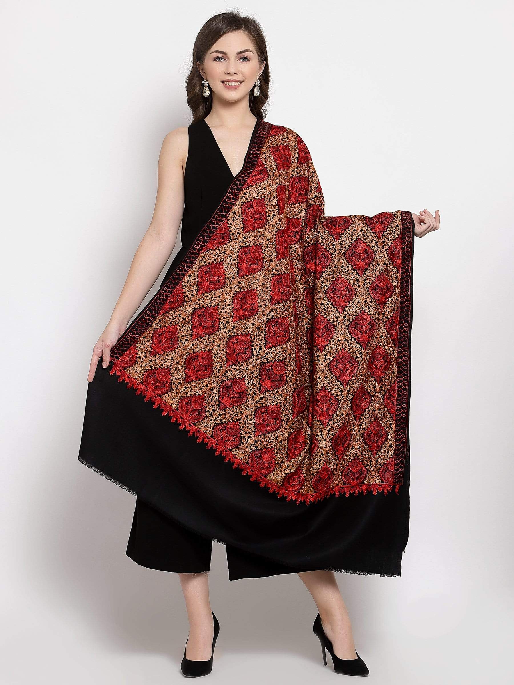 Pashtush India 100x200 Pashtush Womens Woollen, Silky Aari Embroidery Needlework Stole, Black