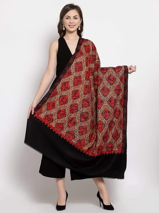 Pashtush India 100x200 Pashtush Womens Woollen, Silky Aari Embroidery Needlework Stole, Black