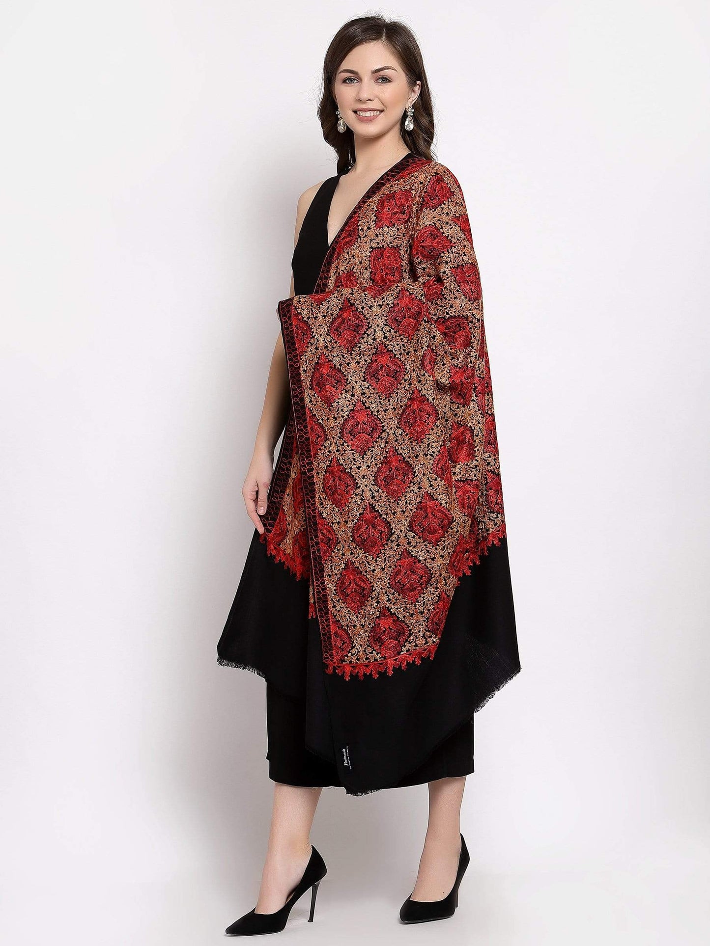 Pashtush India 100x200 Pashtush Womens Woollen, Silky Aari Embroidery Needlework Stole, Black