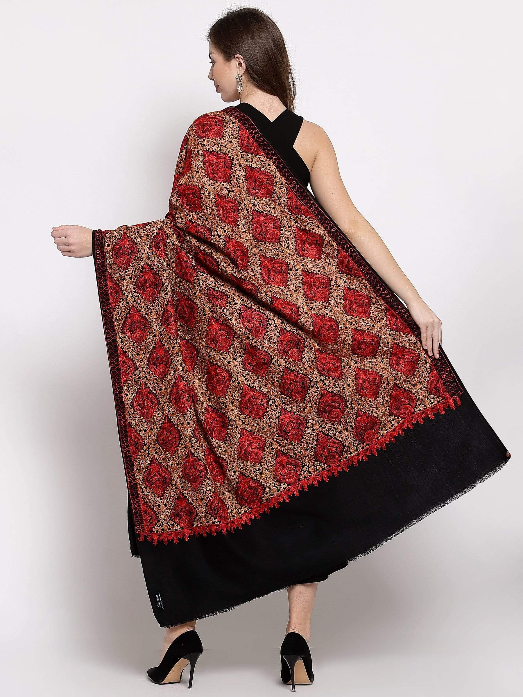 Pashtush India 100x200 Pashtush Womens Woollen, Silky Aari Embroidery Needlework Stole, Black