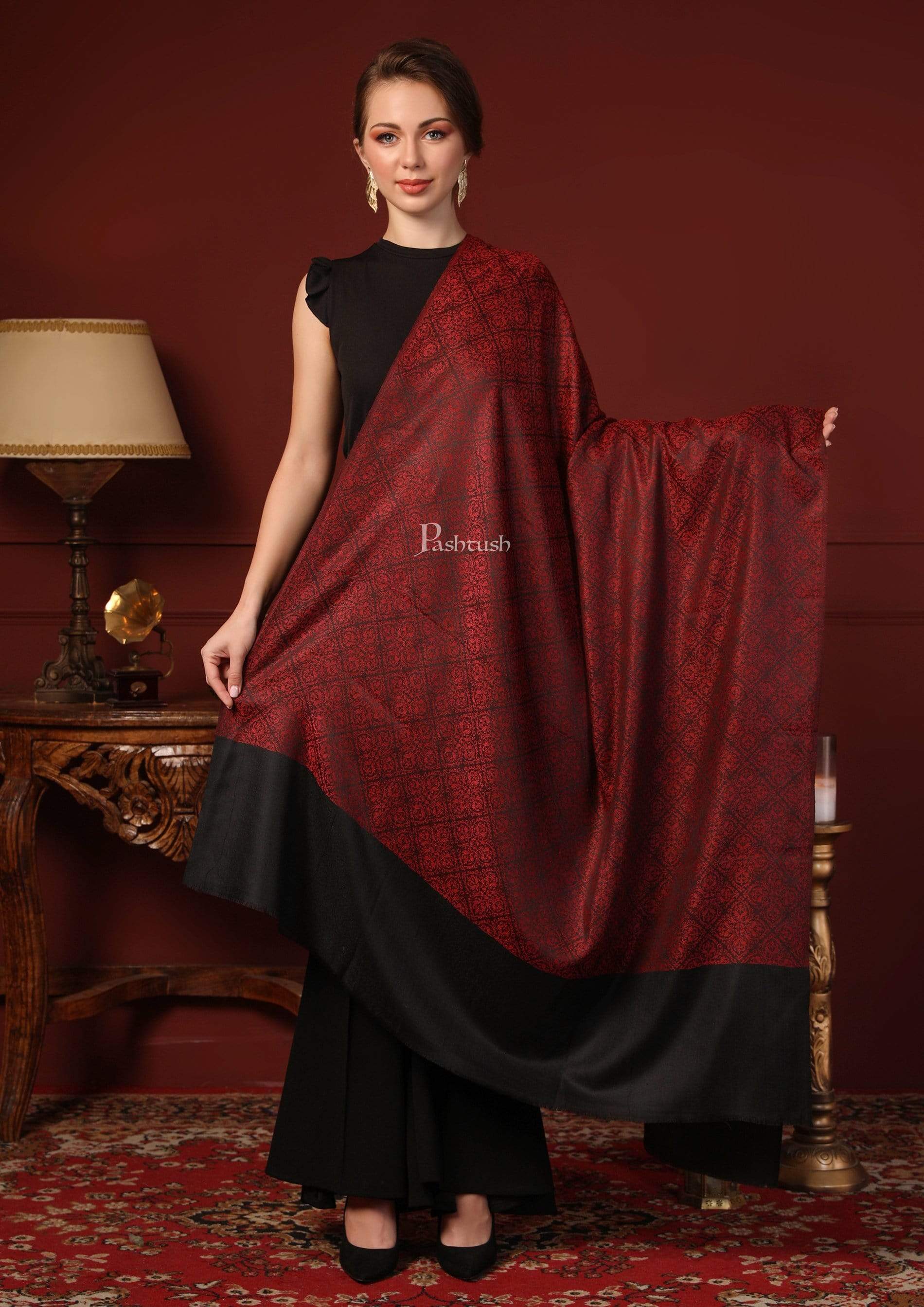 Pashtush India 100x200 Pashtush Womens Woven Paisley, Self Shawl, In Extra Soft Fine Wool, Large Wrap Size