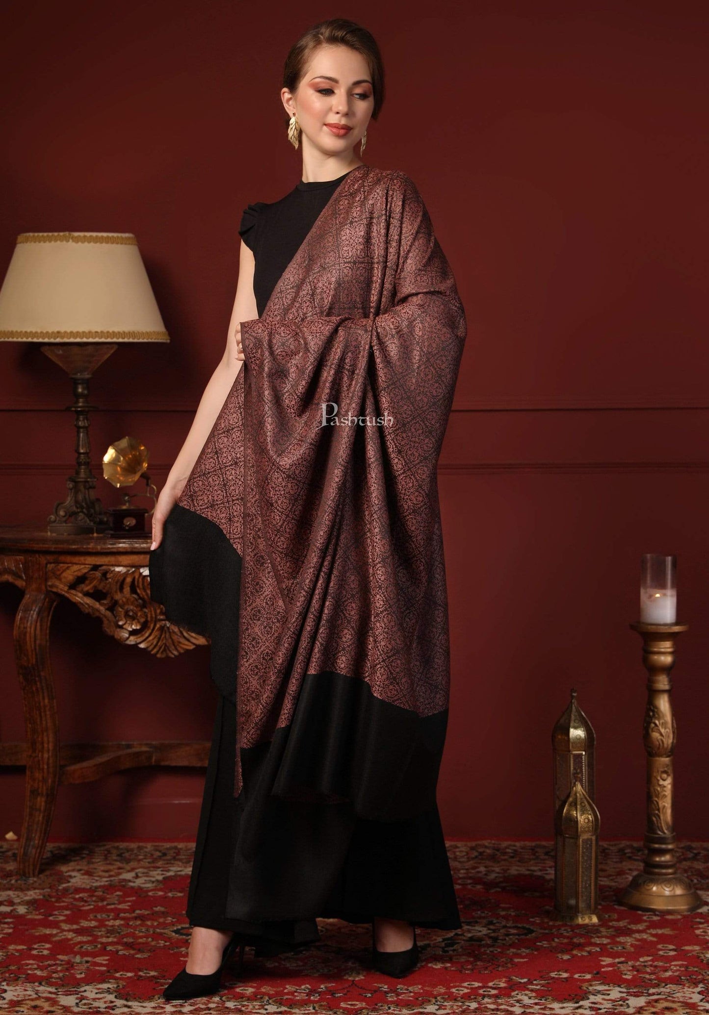 Pashtush India 100x200 Pashtush Womens Woven Paisley, Self Shawl, In Extra Soft Fine Wool, Large Wrap Size