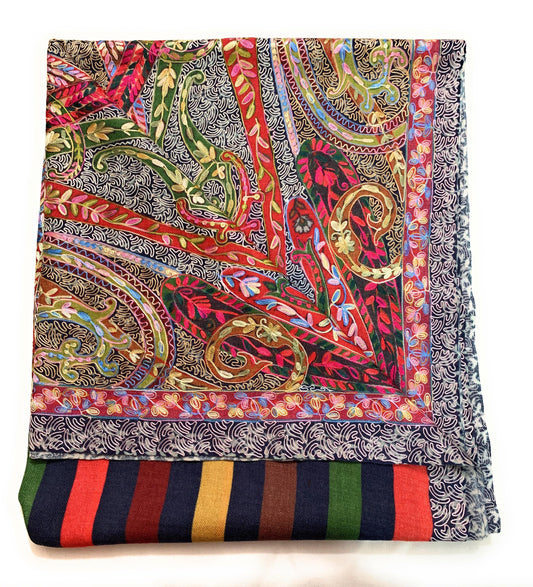 Pashtush India Stole Pashtush Woolen Kalamkaari Shawl Hand Embroidered Hand Painted
