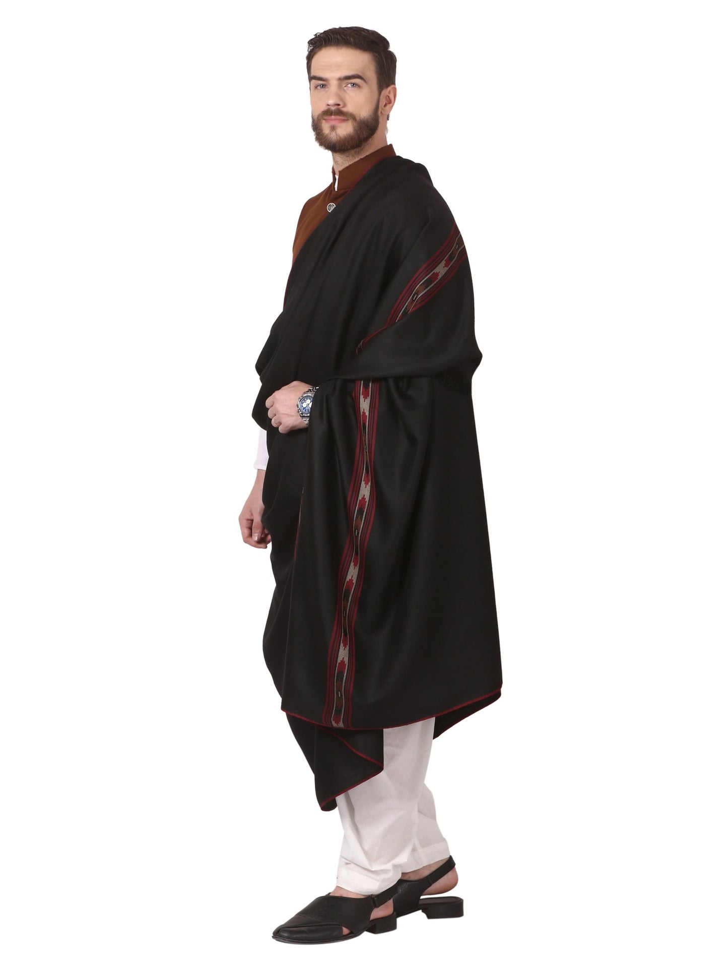 Pashtush India 100x200 Pashtush Woven Kullu Design Mens full size Shawl in extra fine wool -Black