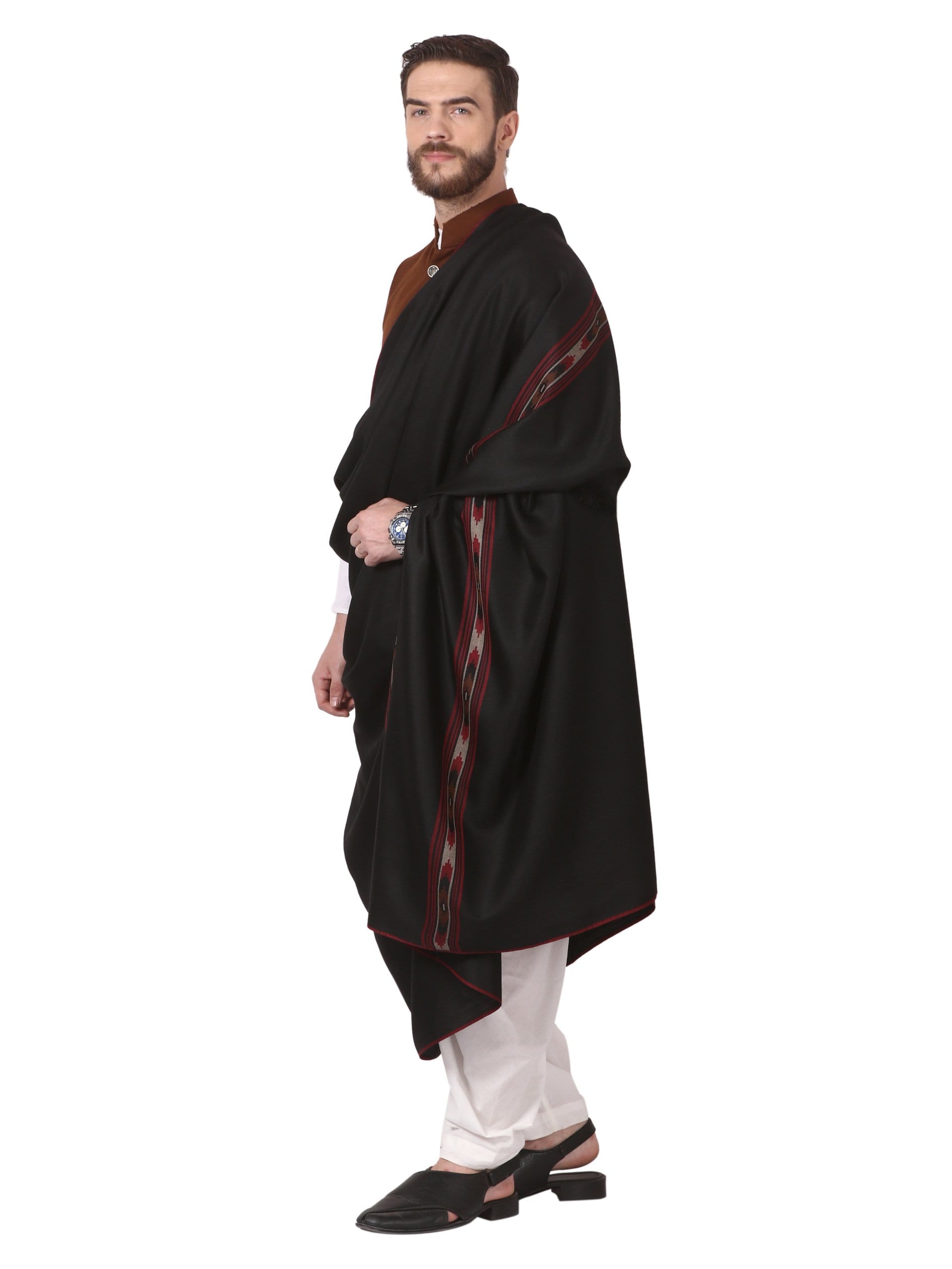 Pashtush India 100x200 Pashtush Woven Kullu Design Mens full size Shawl in extra fine wool -Black