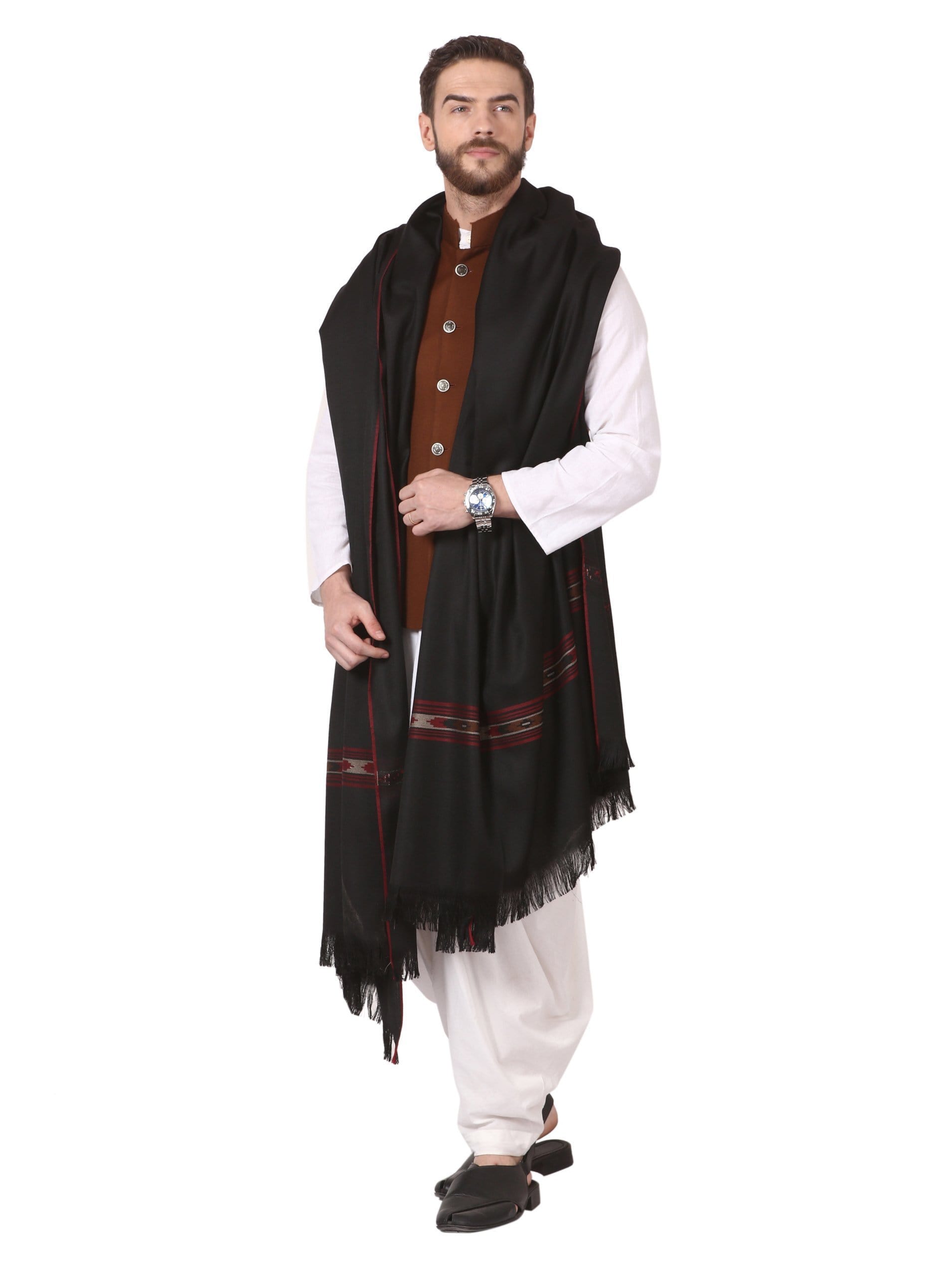 Pashtush India 100x200 Pashtush Woven Kullu Design Mens full size Shawl in extra fine wool - Black