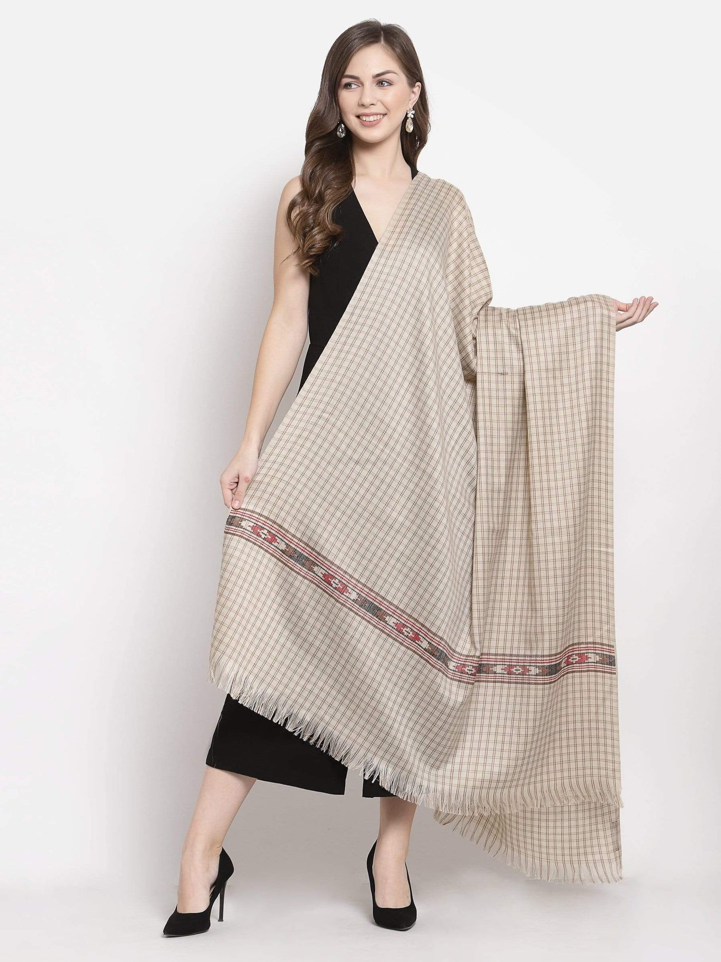 Pashtush India 127x254 Pashtush Woven Kullu Design Women's Full Size Shawl In Extra Fine Wool - Taupe