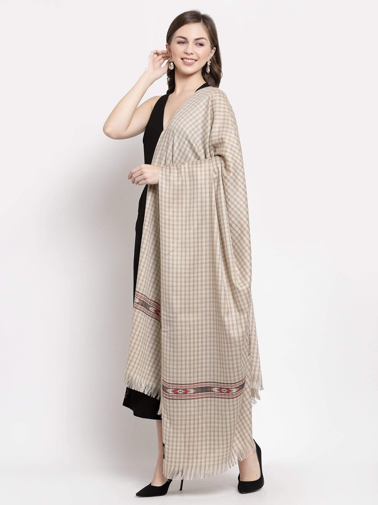 Pashtush India 127x254 Pashtush Woven Kullu Design Women's Full Size Shawl In Extra Fine Wool - Taupe