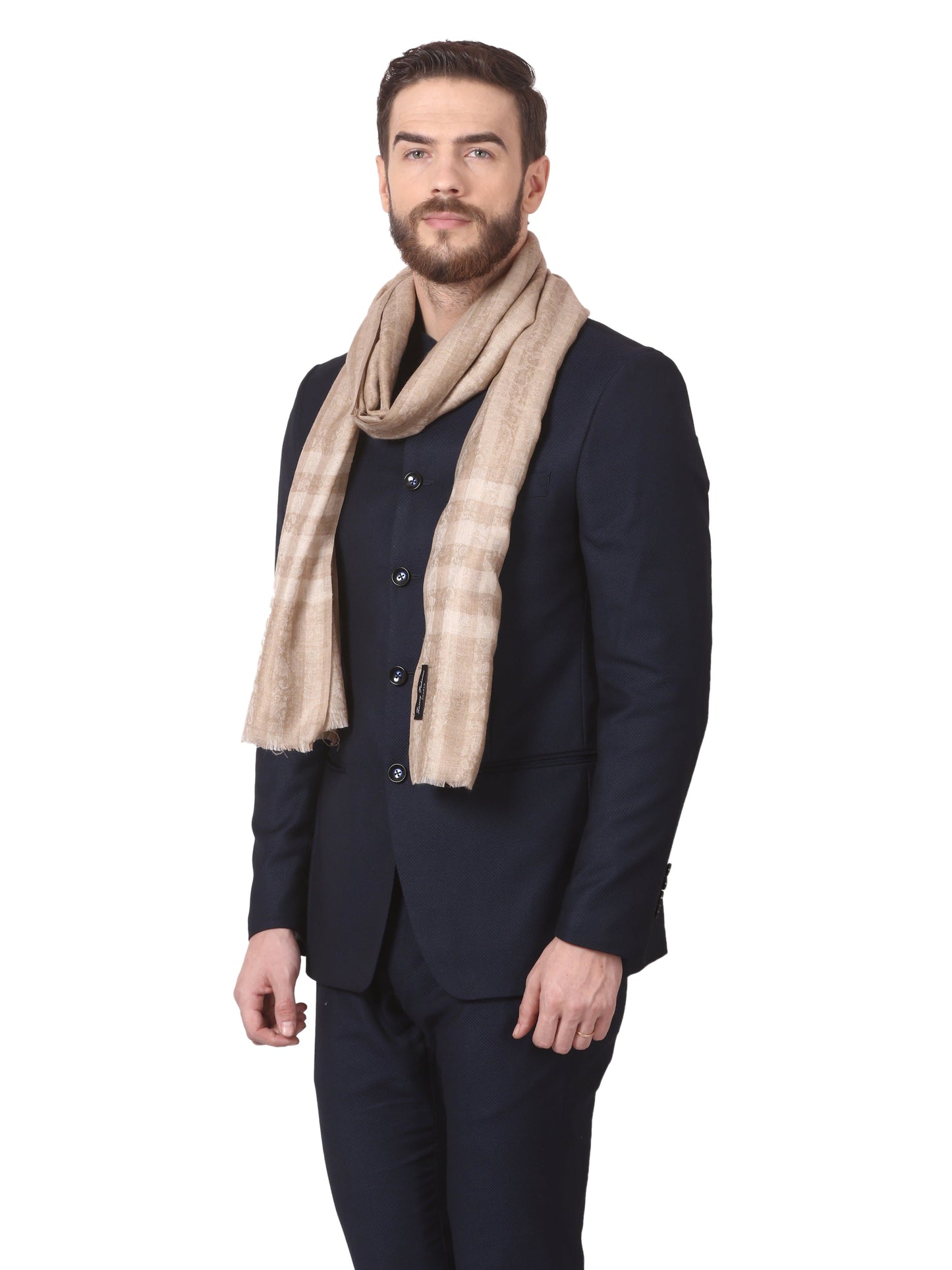 Pashtush India 70x200 Pashtush Woven Mens Pashmina Stole, Check-Stipe Design, (Beige)