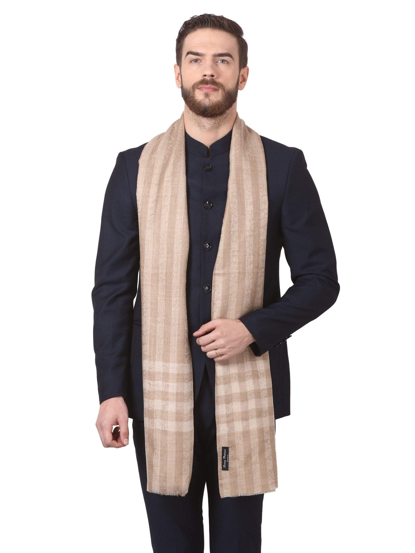 Pashtush India 70x200 Pashtush Woven Mens Pashmina Stole, Check-Stipe Design, (Beige)