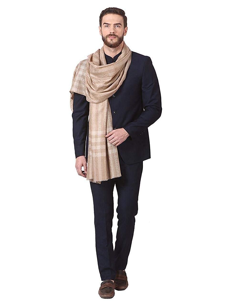 Pashtush India 70x200 Pashtush Woven Mens Pashmina Stole, Check-Stipe Design, (Beige)