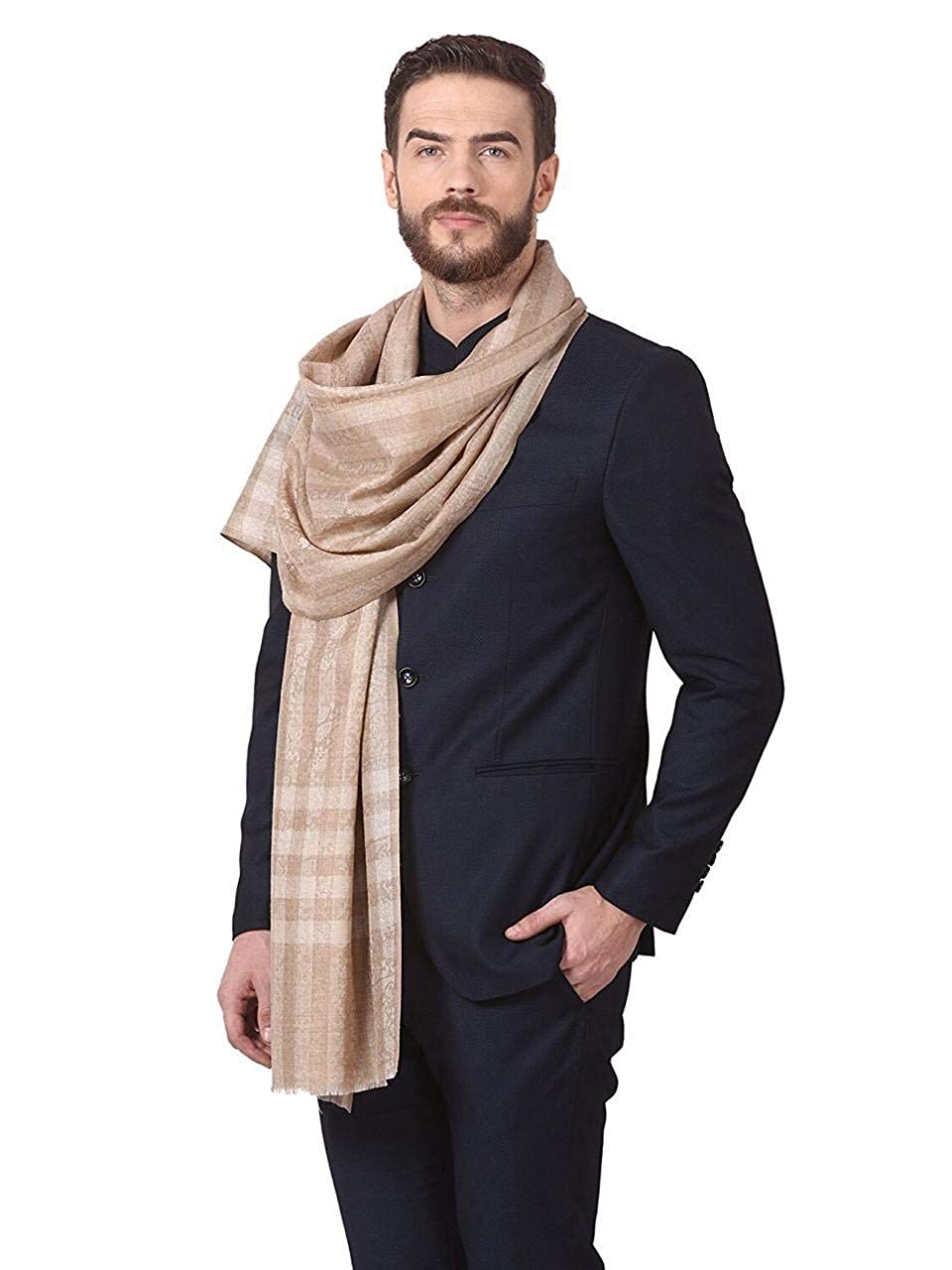 Pashtush India 70x200 Pashtush Woven Mens Pashmina Stole, Check-Stipe Design, (Beige)