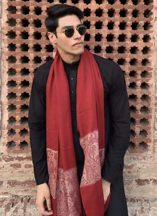 Pashtush Shawl Store Stole Pashtush Woven Mens Pashmina Stole, Check-Stipe Design, Mens Muffler, Warm Cashmere Feel (Maroon)
