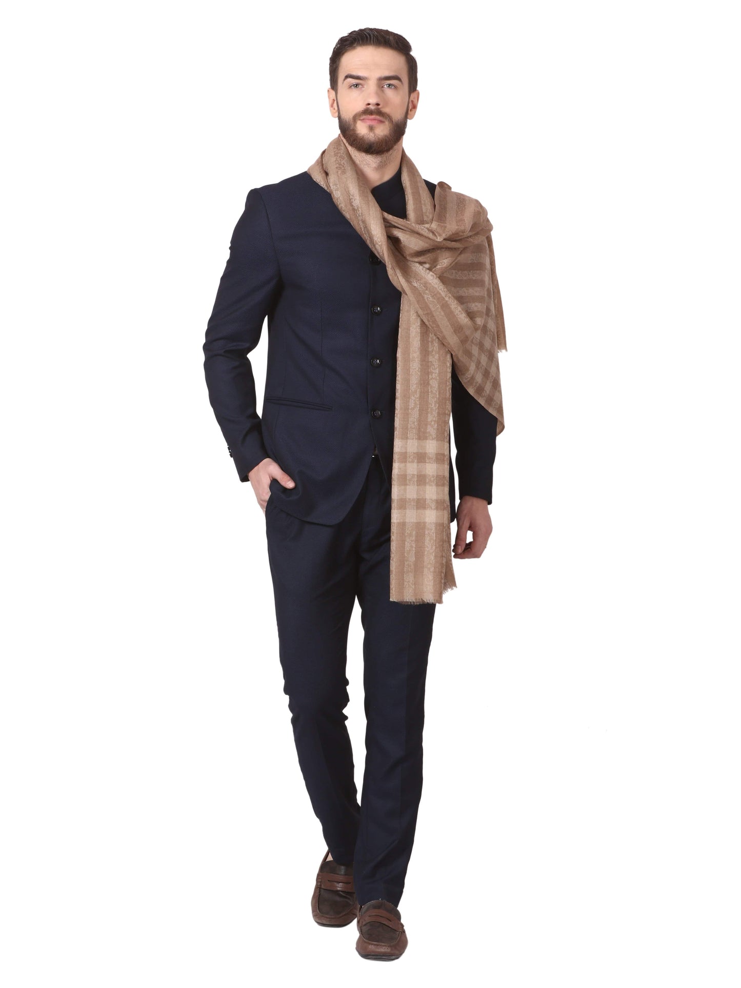 Pashtush India 70x200 Pashtush Woven Mens Pashmina Stole, Check-Stipe Design, Taupe