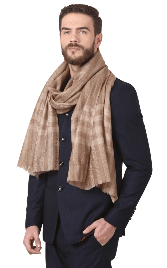Pashtush India 70x200 Pashtush Woven Mens Pashmina Stole, Check-Stipe Design, Taupe
