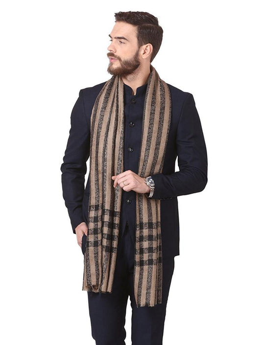 Pashtush India 70x200 Pashtush Woven Mens Stole, Check-Stipe Design, Mens Muffler, Warm Cashmere Feel (Black)