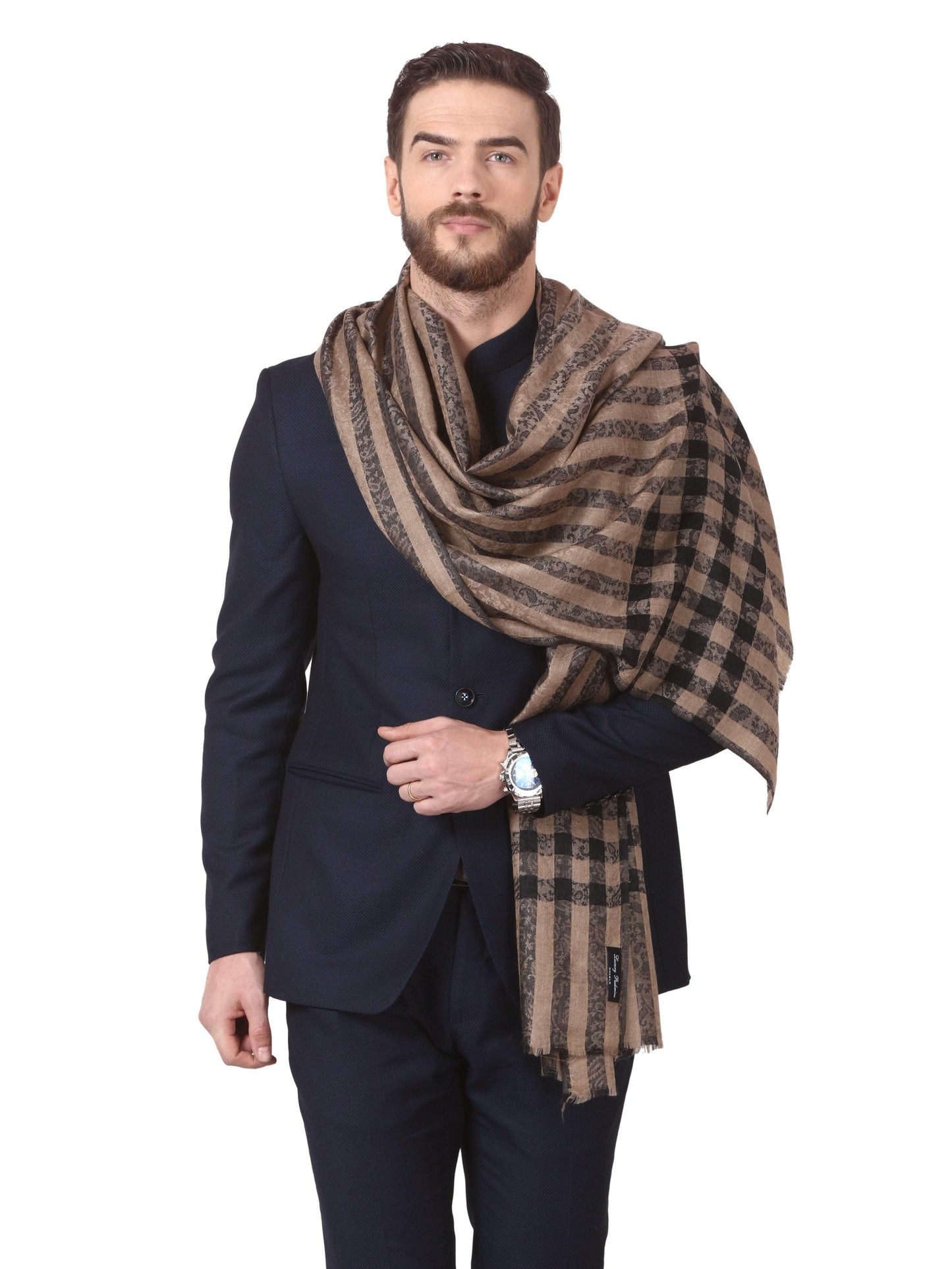 Pashtush India 70x200 Pashtush Woven Mens Stole, Check-Stipe Design, Mens Muffler, Warm Cashmere Feel (Black)