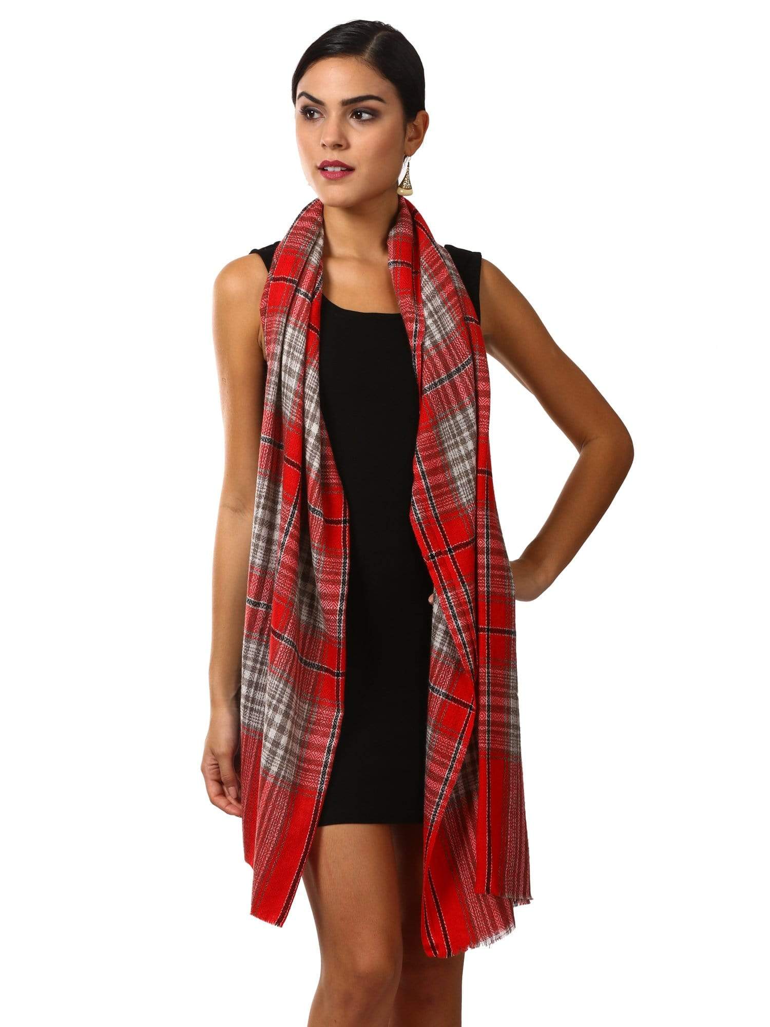 Pashtush Shawl Store Stole Pashutsh Cashmere Wool Blended Plaid Muffler - Red and Beige Plaid