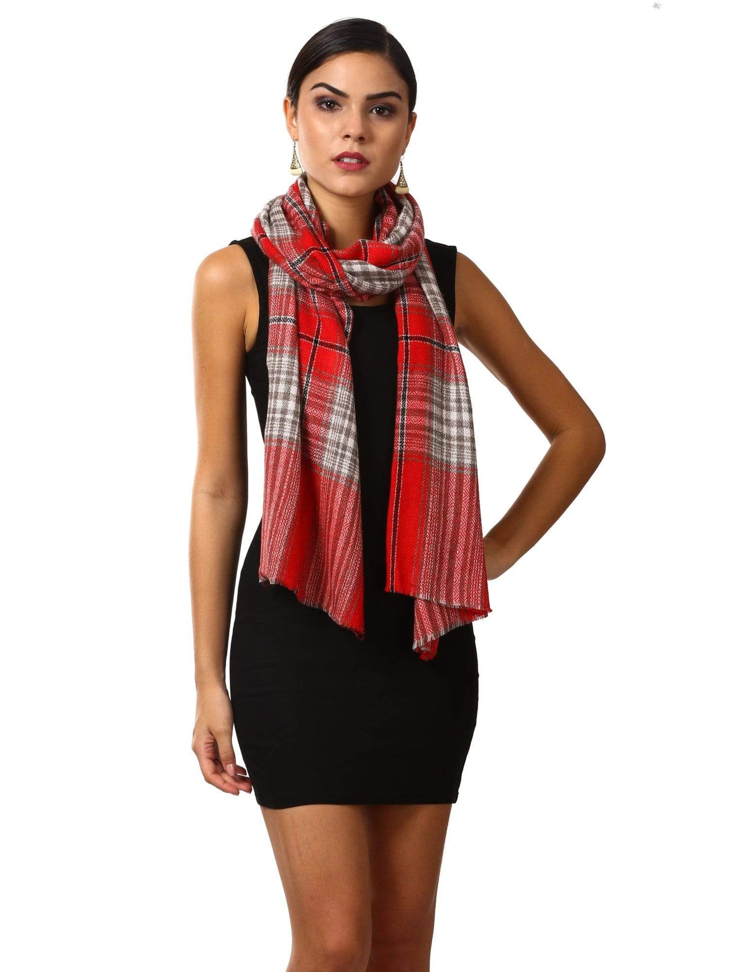 Pashtush Shawl Store Stole Pashutsh Cashmere Wool Blended Plaid Muffler - Red and Beige Plaid