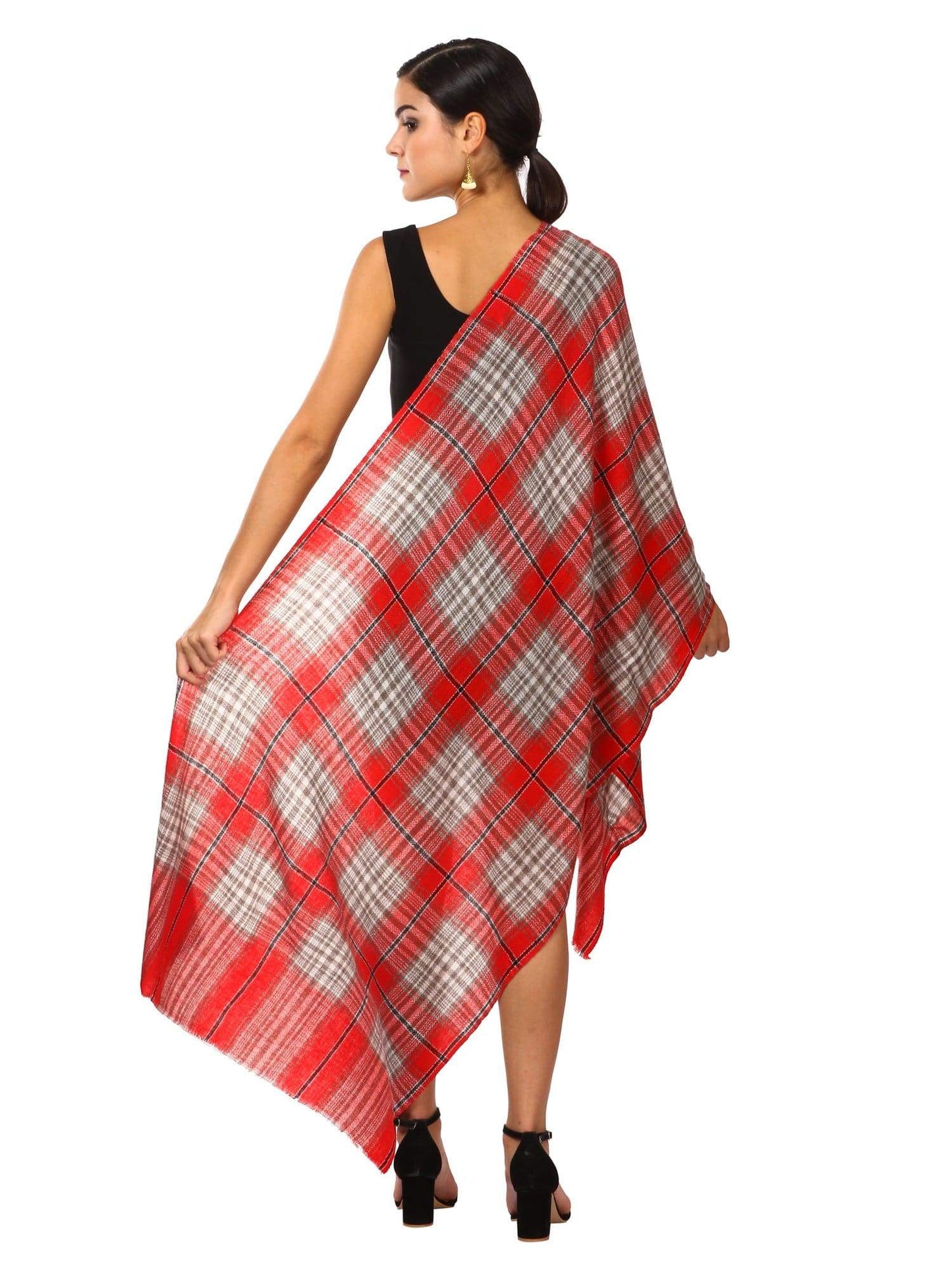 Pashtush Shawl Store Stole Pashutsh Cashmere Wool Blended Plaid Muffler - Red and Beige Plaid