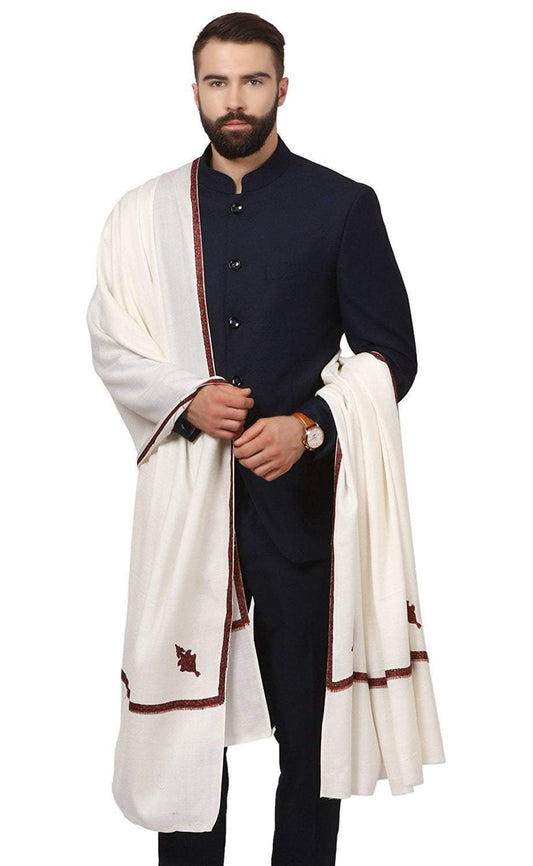 Pashtush India Shawl Pashutsh Mens Border Embroidery Kingri Shawl, Fine Wool, Ivory