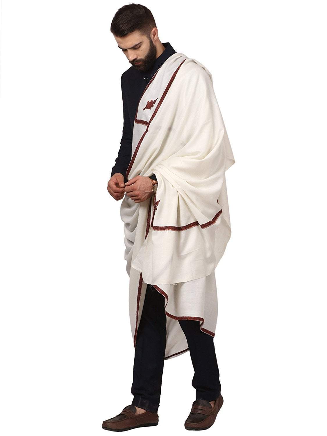 Pashtush India Shawl Pashutsh Mens Border Embroidery Kingri Shawl, Fine Wool, Ivory