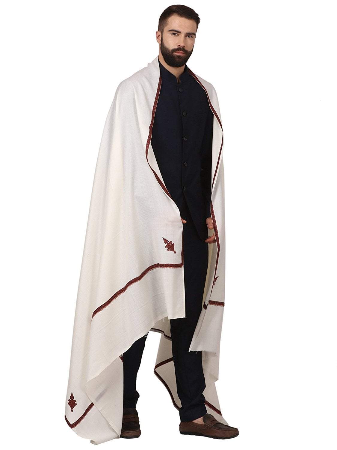 Pashtush India Shawl Pashutsh Mens Border Embroidery Kingri Shawl, Fine Wool, Ivory