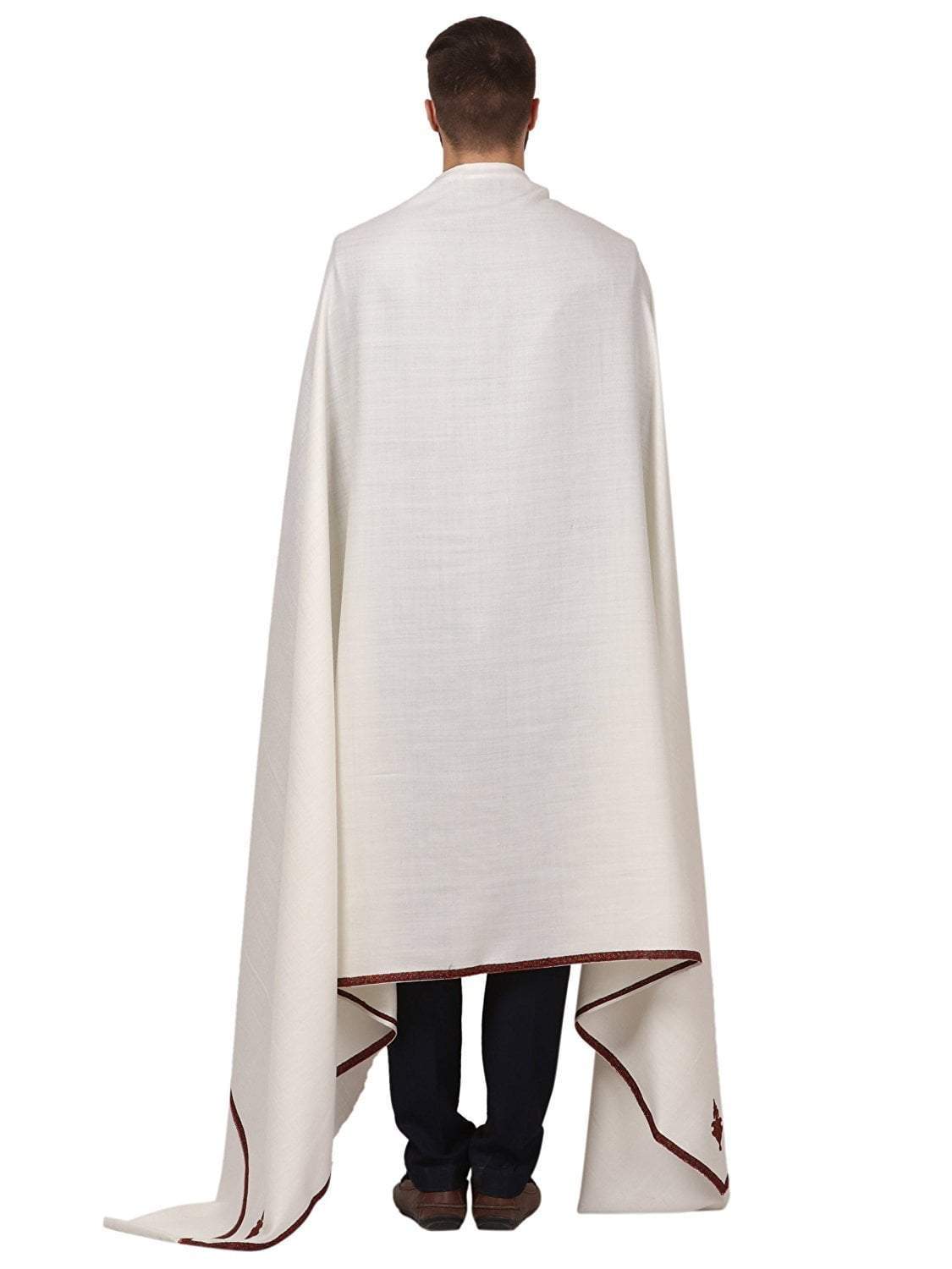 Pashtush India Shawl Pashutsh Mens Border Embroidery Kingri Shawl, Fine Wool, Ivory