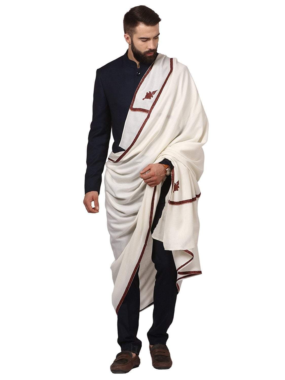 Pashtush India Shawl Pashutsh Mens Border Embroidery Kingri Shawl, Fine Wool, Ivory