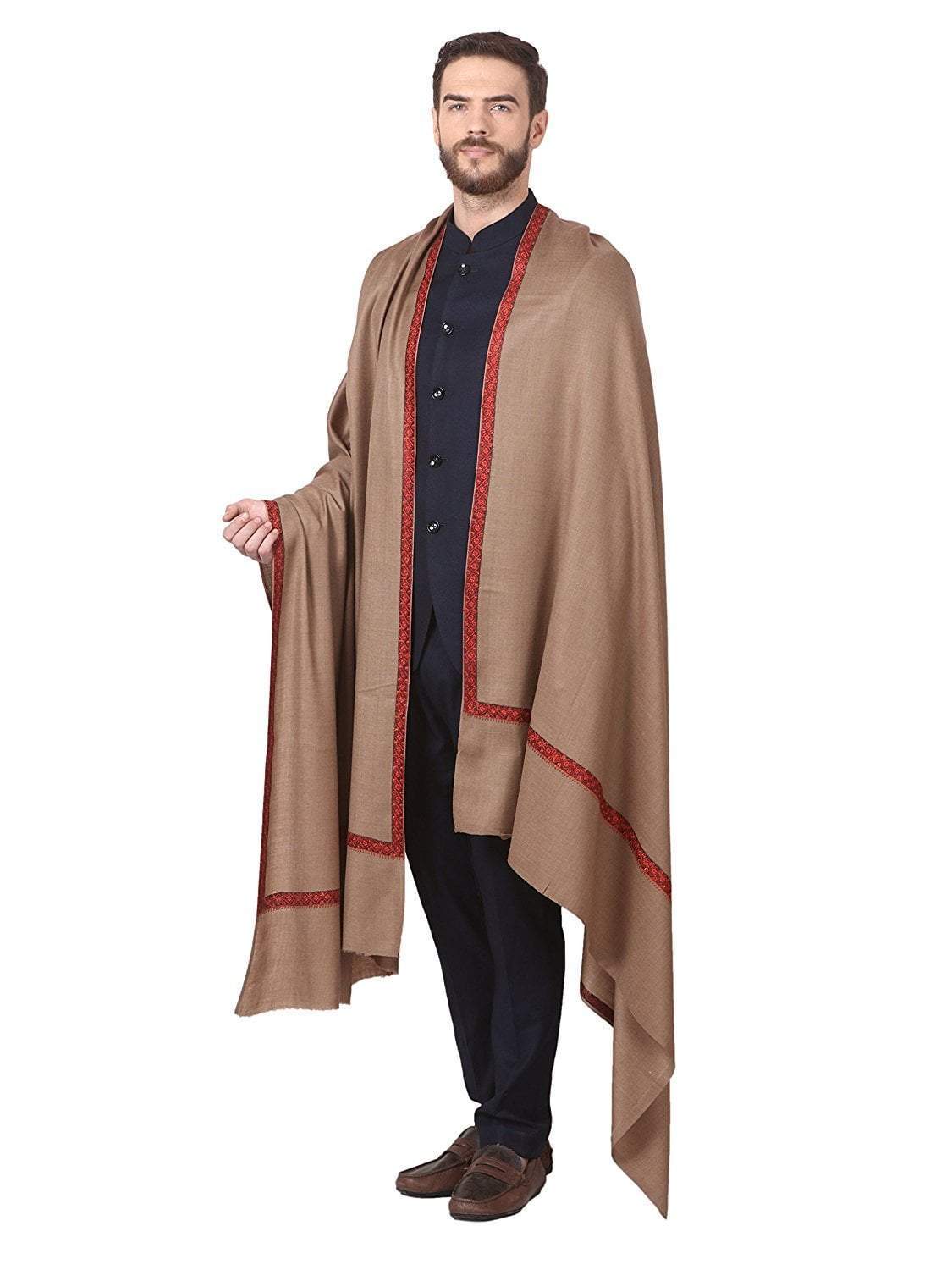 Pashtush India 127x254 Pashutsh Mens Shawl, Kashmiri Embroidery Haashia Dushala, Taupe