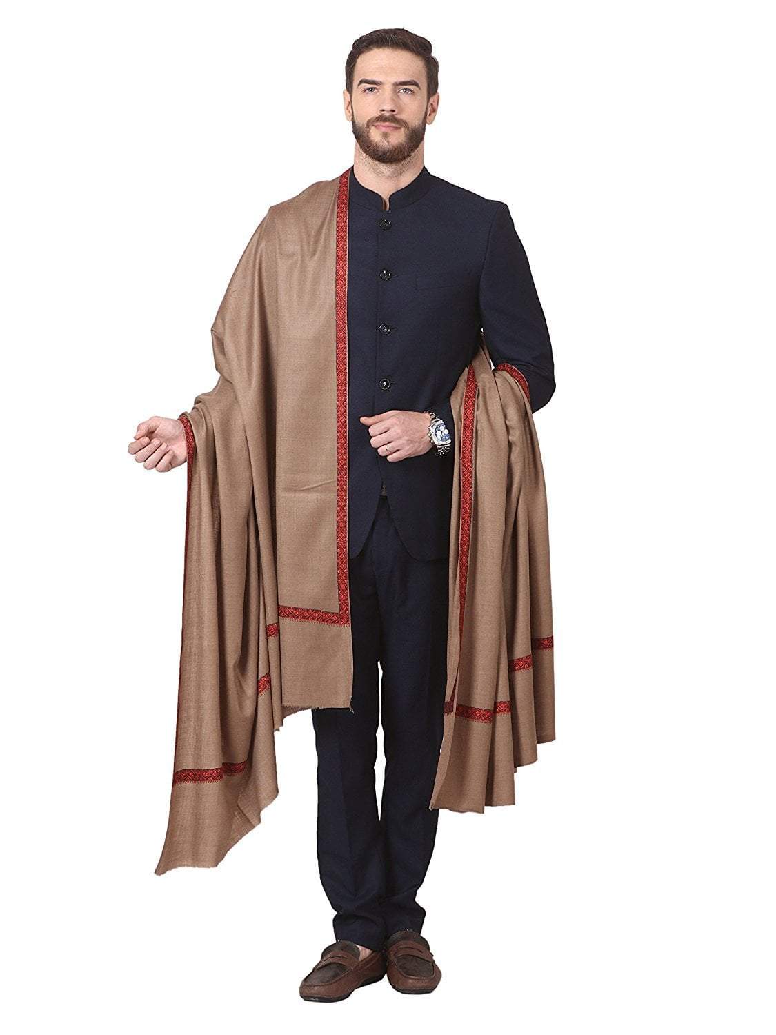 Pashtush India 127x254 Pashutsh Mens Shawl, Kashmiri Embroidery Haashia Dushala, Taupe
