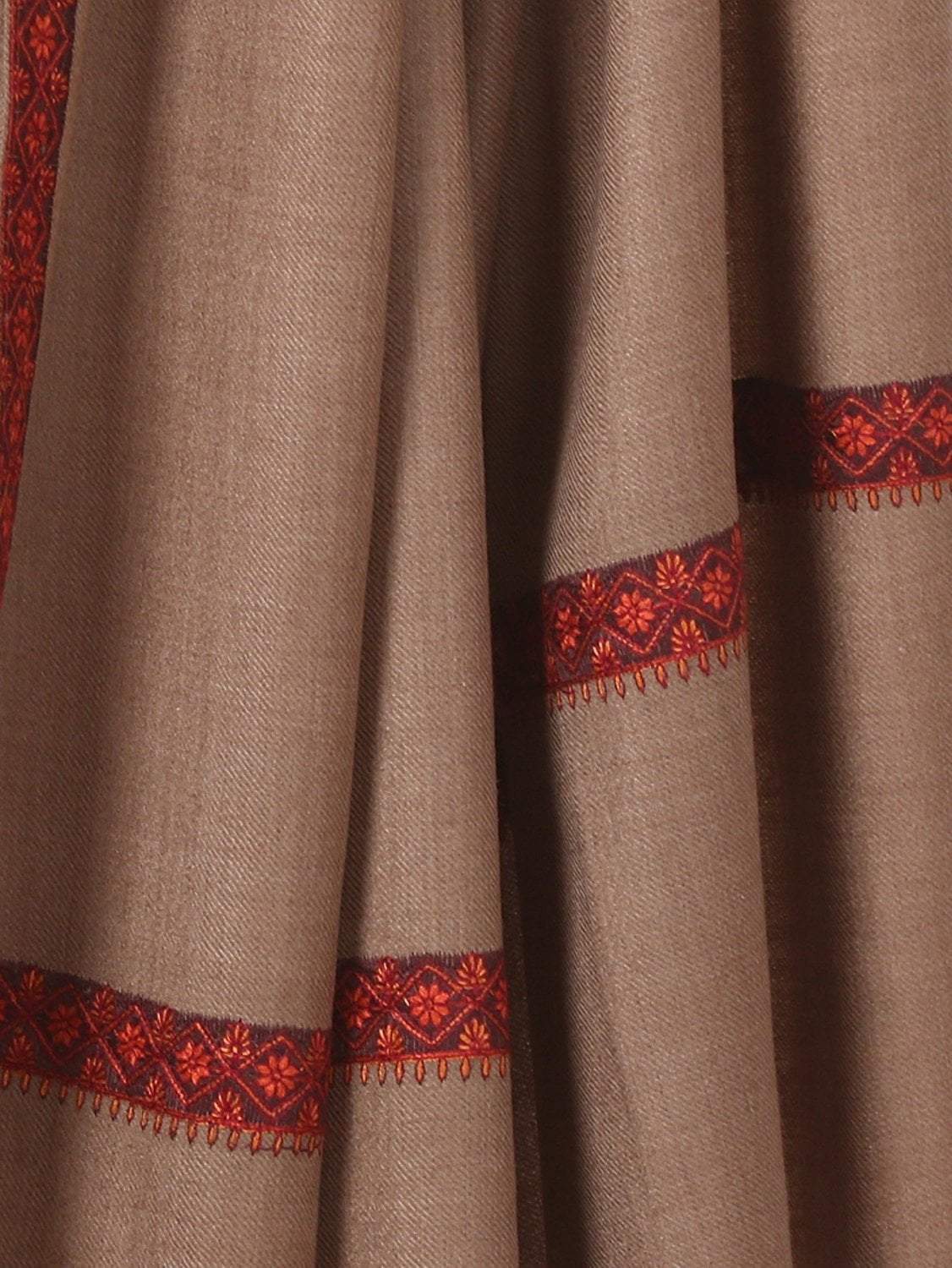 Pashtush India 127x254 Pashutsh Mens Shawl, Kashmiri Embroidery Haashia Dushala, Taupe