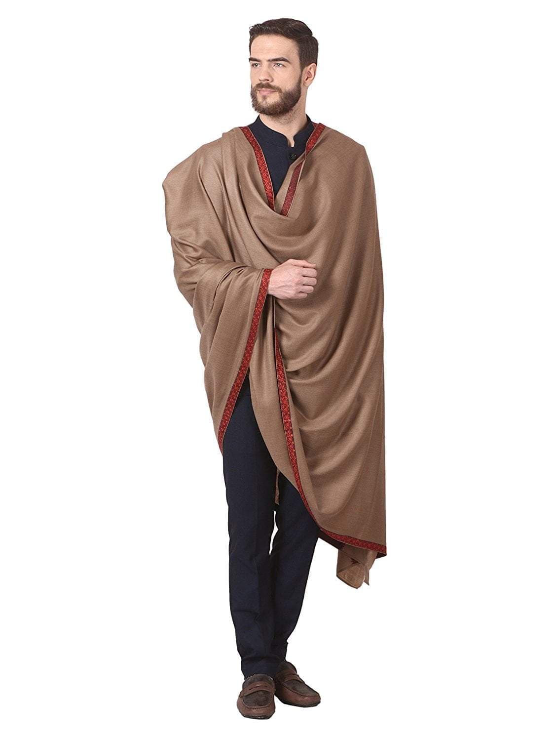 Pashtush India 127x254 Pashutsh Mens Shawl, Kashmiri Embroidery Haashia Dushala, Taupe