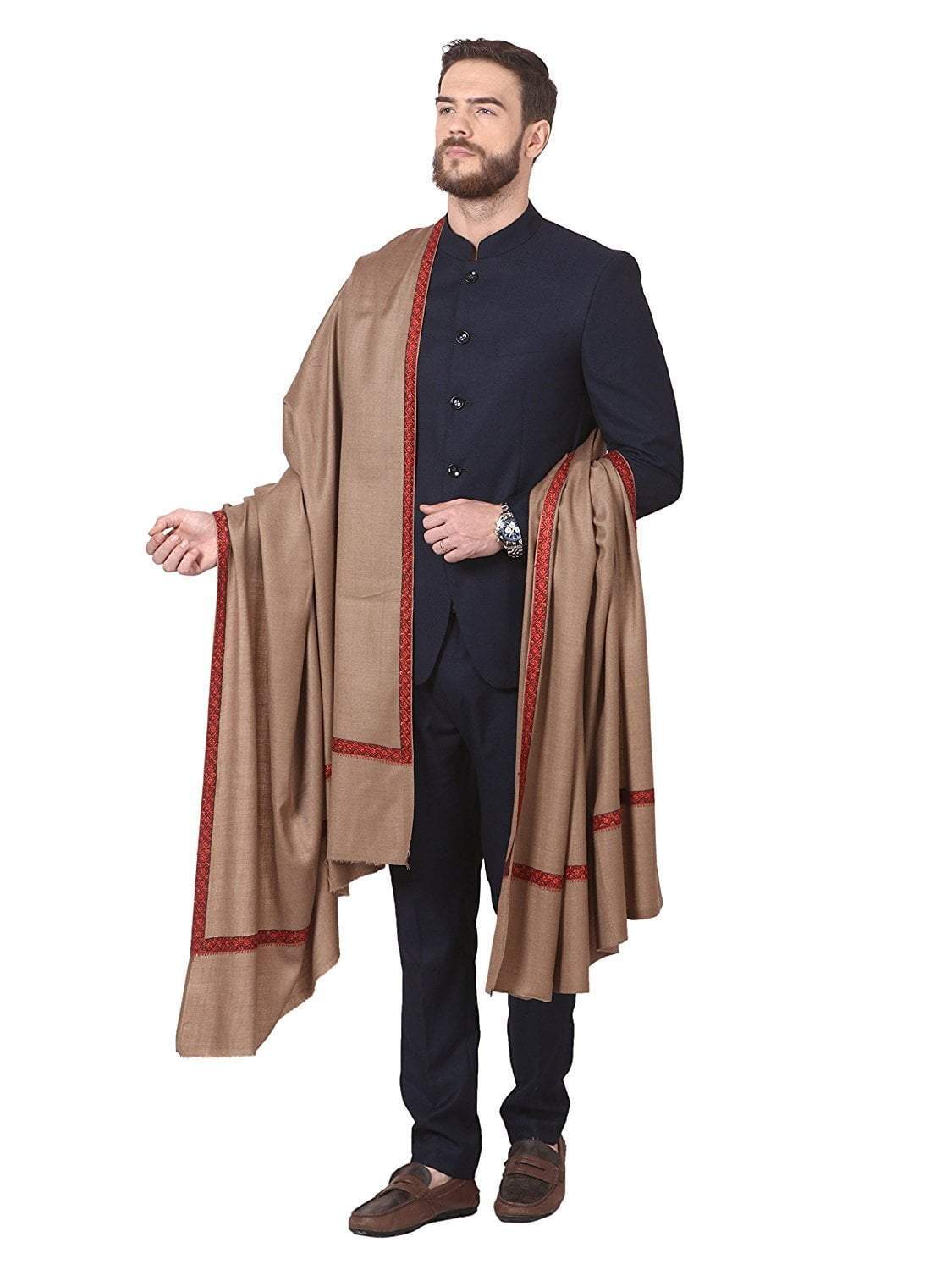 Pashtush India 127x254 Pashutsh Mens Shawl, Kashmiri Embroidery Haashia Dushala, Taupe
