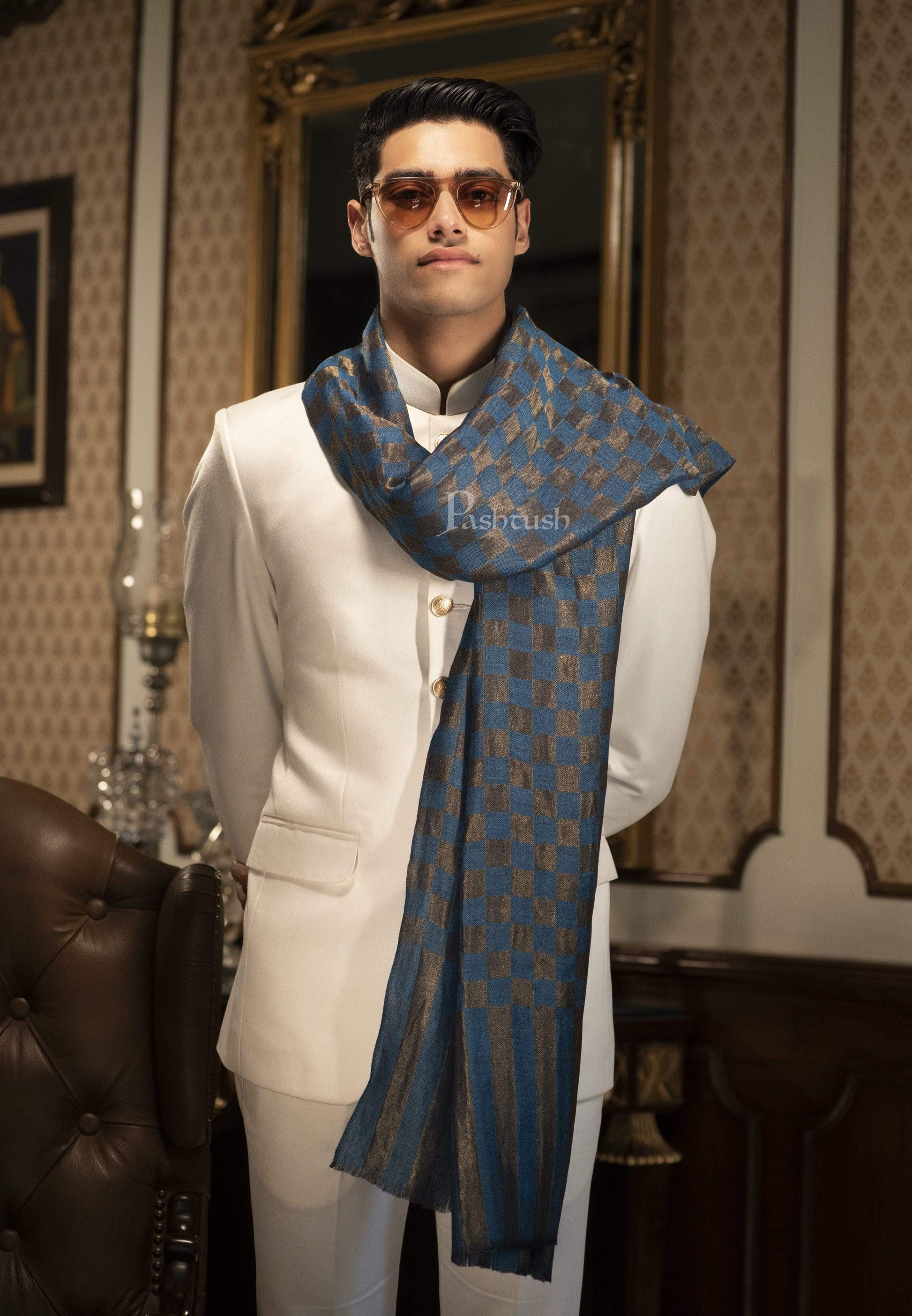 Pashtush India 70x200 Pashutsh Mens Twilight Collection, Checkered Metallic Thread Weave, Fine Wool