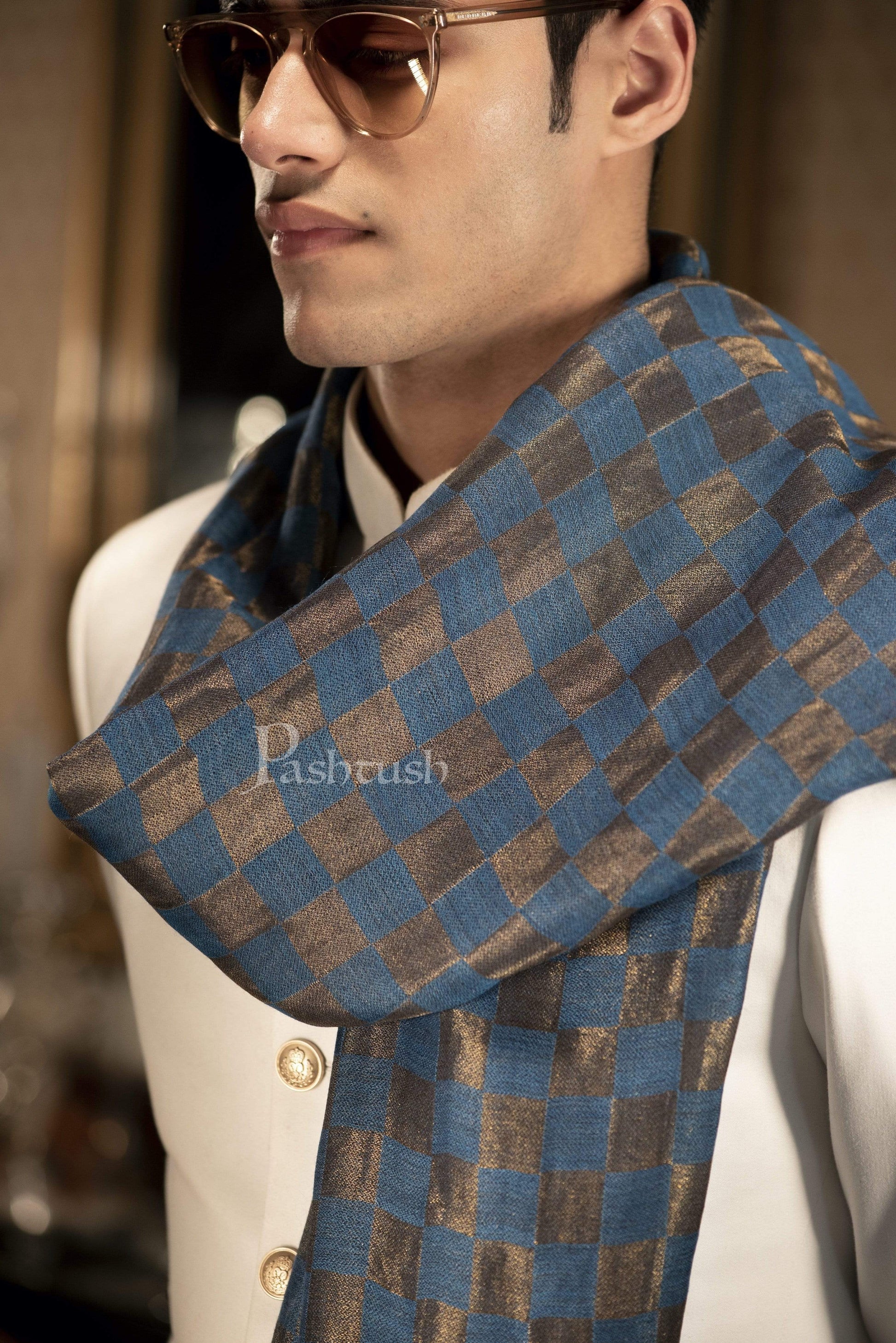 Pashtush India 70x200 Pashutsh Mens Twilight Collection, Checkered Metallic Thread Weave, Fine Wool
