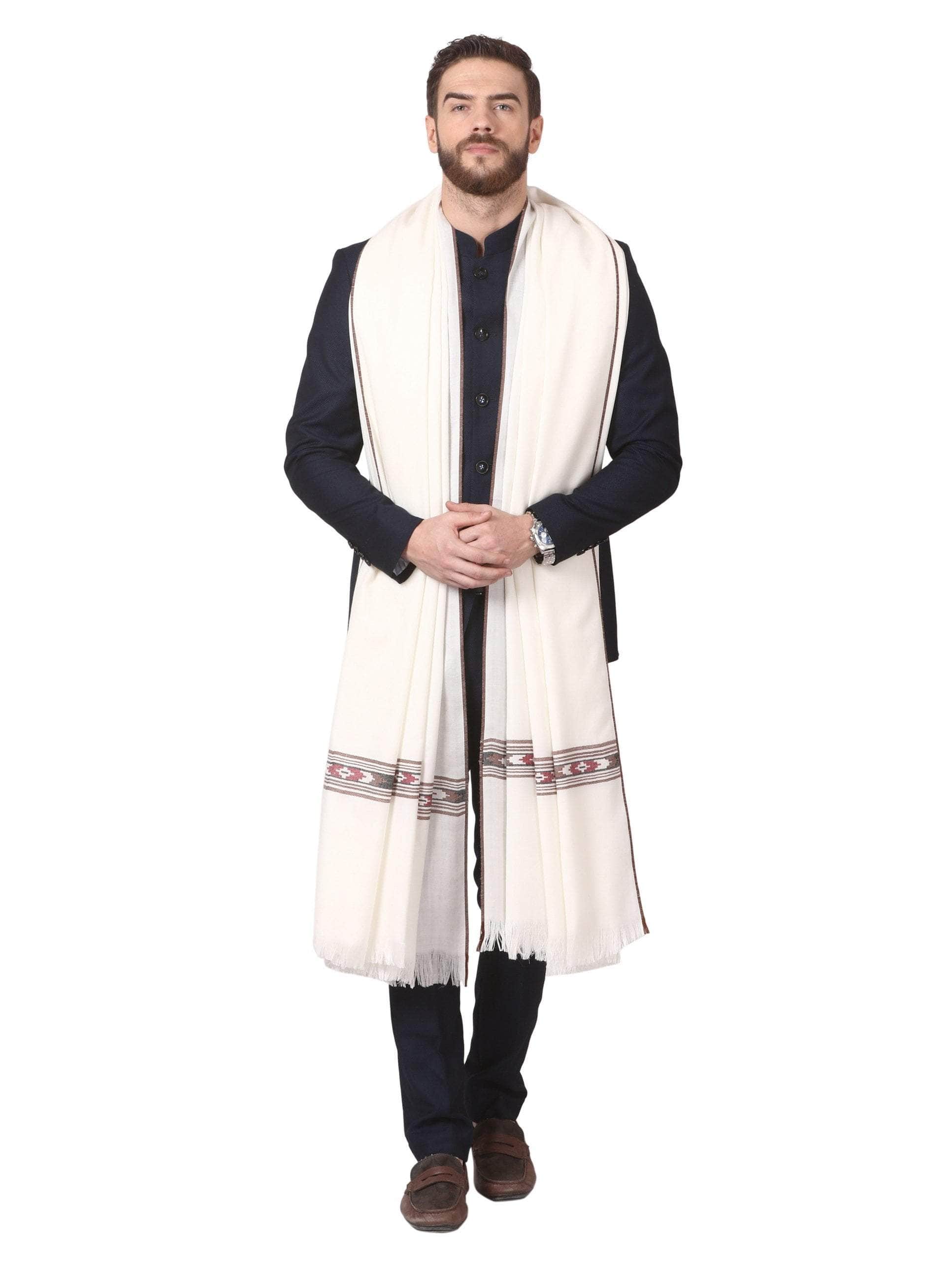 Pashtush India 127x254 Pashutsh Mens Woven Kullu Design Shawl, Fine Wool, Ivory