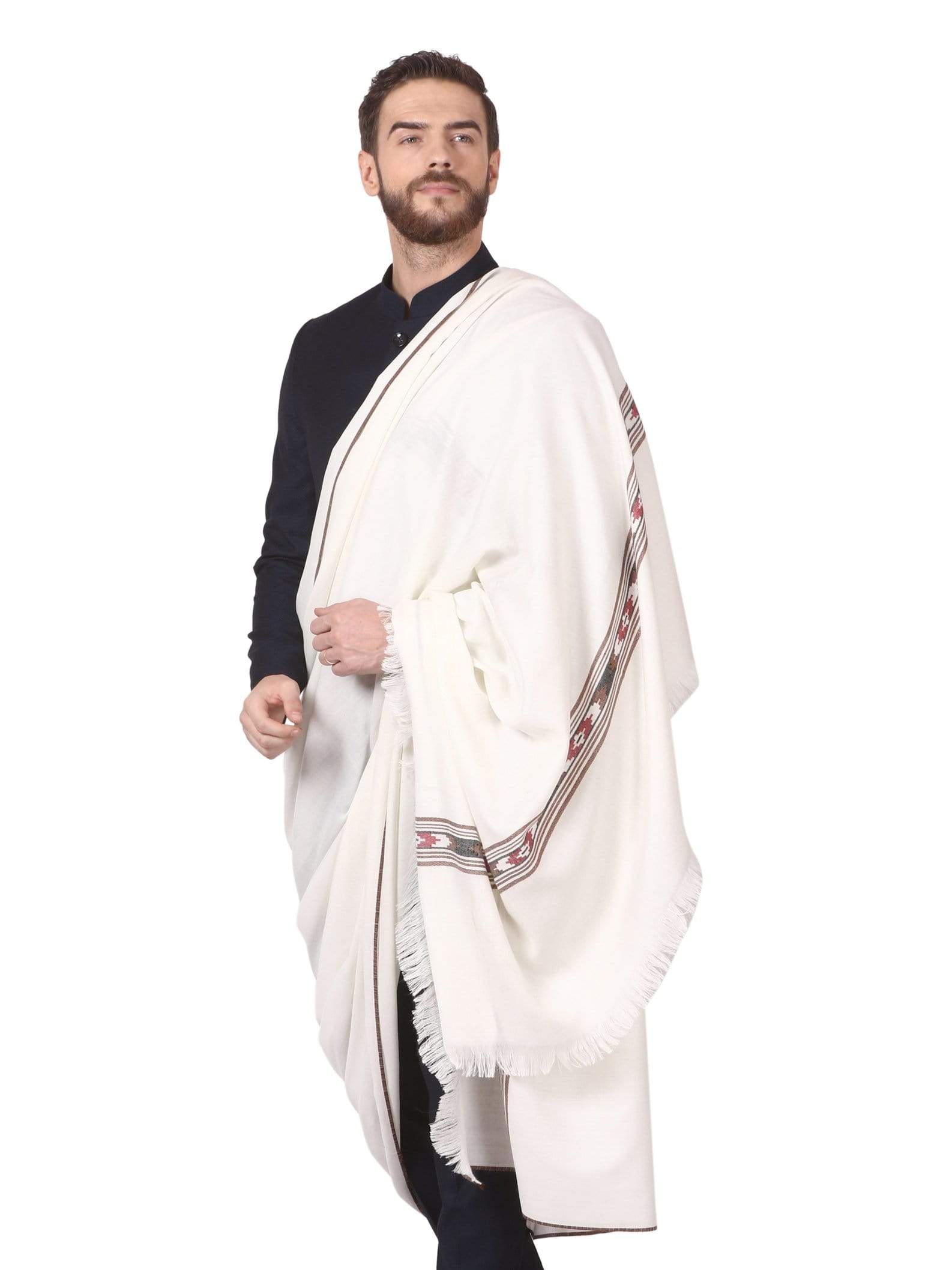 Pashtush India 127x254 Pashutsh Mens Woven Kullu Design Shawl, Fine Wool, Ivory