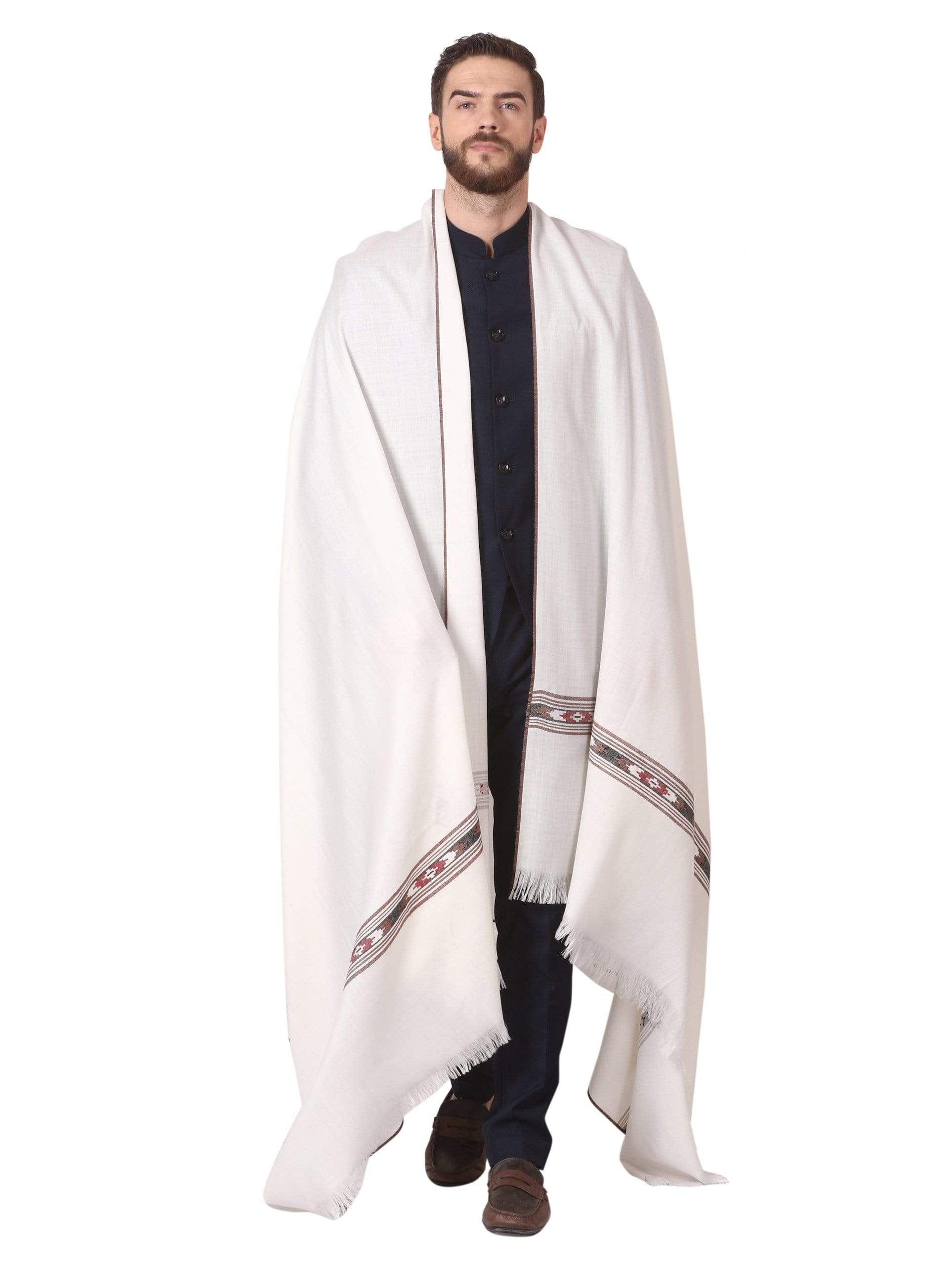 Pashtush India 127x254 Pashutsh Mens Woven Kullu Design Shawl, Fine Wool, Ivory