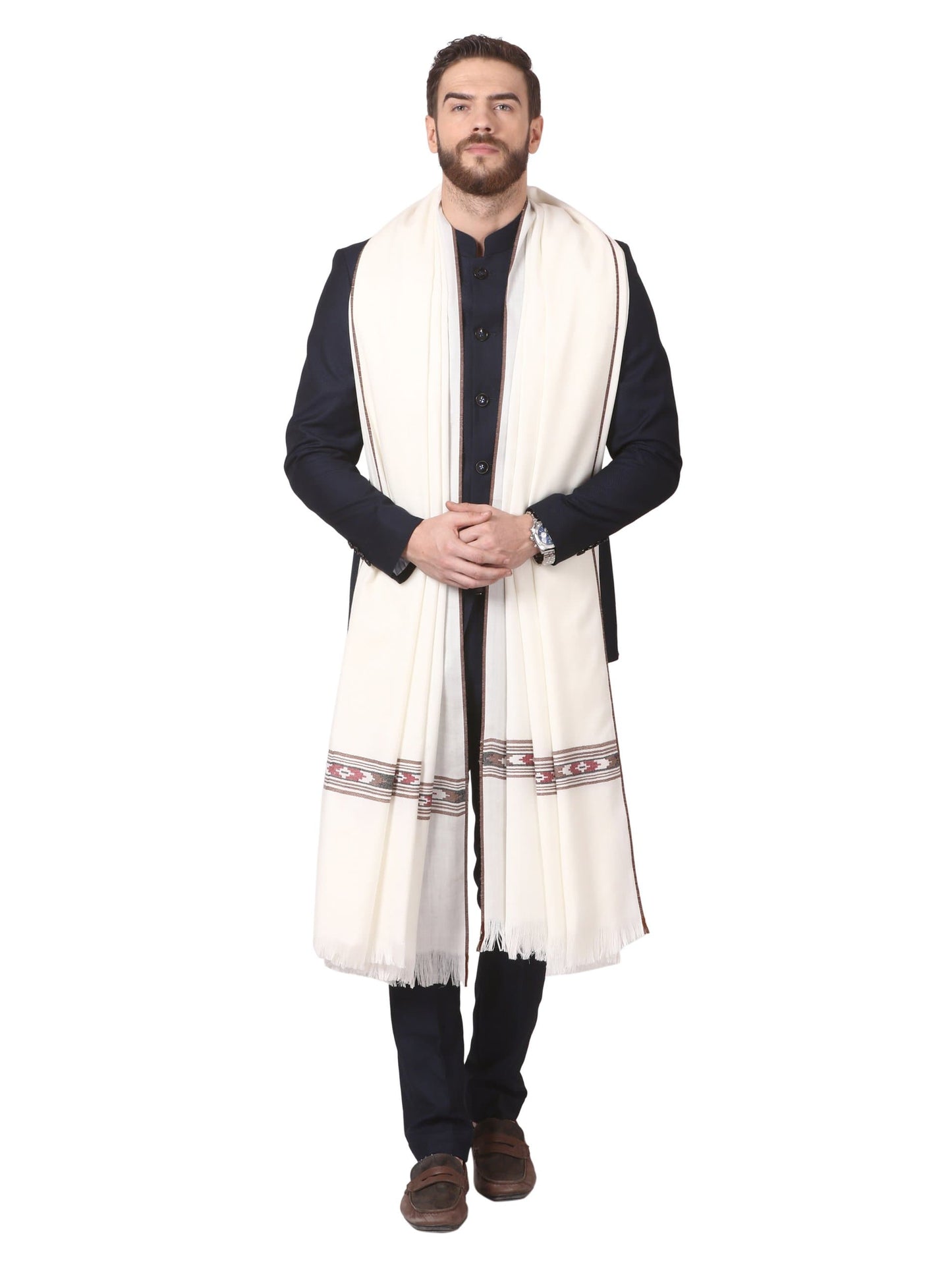 Pashtush India 127x254 Pashutsh Mens Woven Kullu Design Shawl, Fine Wool, Ivory