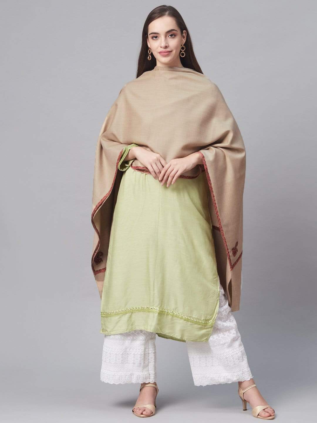 Pashtush India 100x200 Pashutsh Women 100% Hand Embroidery Woollen Shawl, Beige