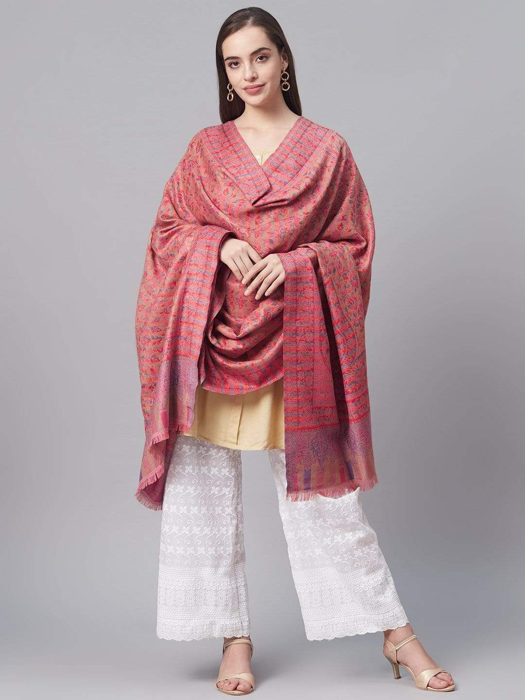 Pashtush India 100x200 Pashutsh Women Pink  Cream-Coloured Woven Design Jamawar Shawl