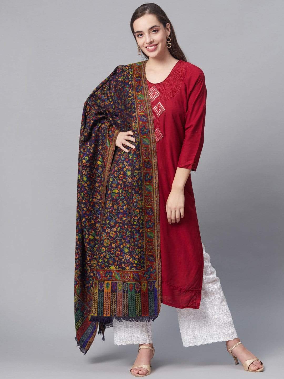 Pashtush India 100x200 Pashutsh Women Navy Blue Rust Red Ethnic Motifs Woven Design Designer Shawl