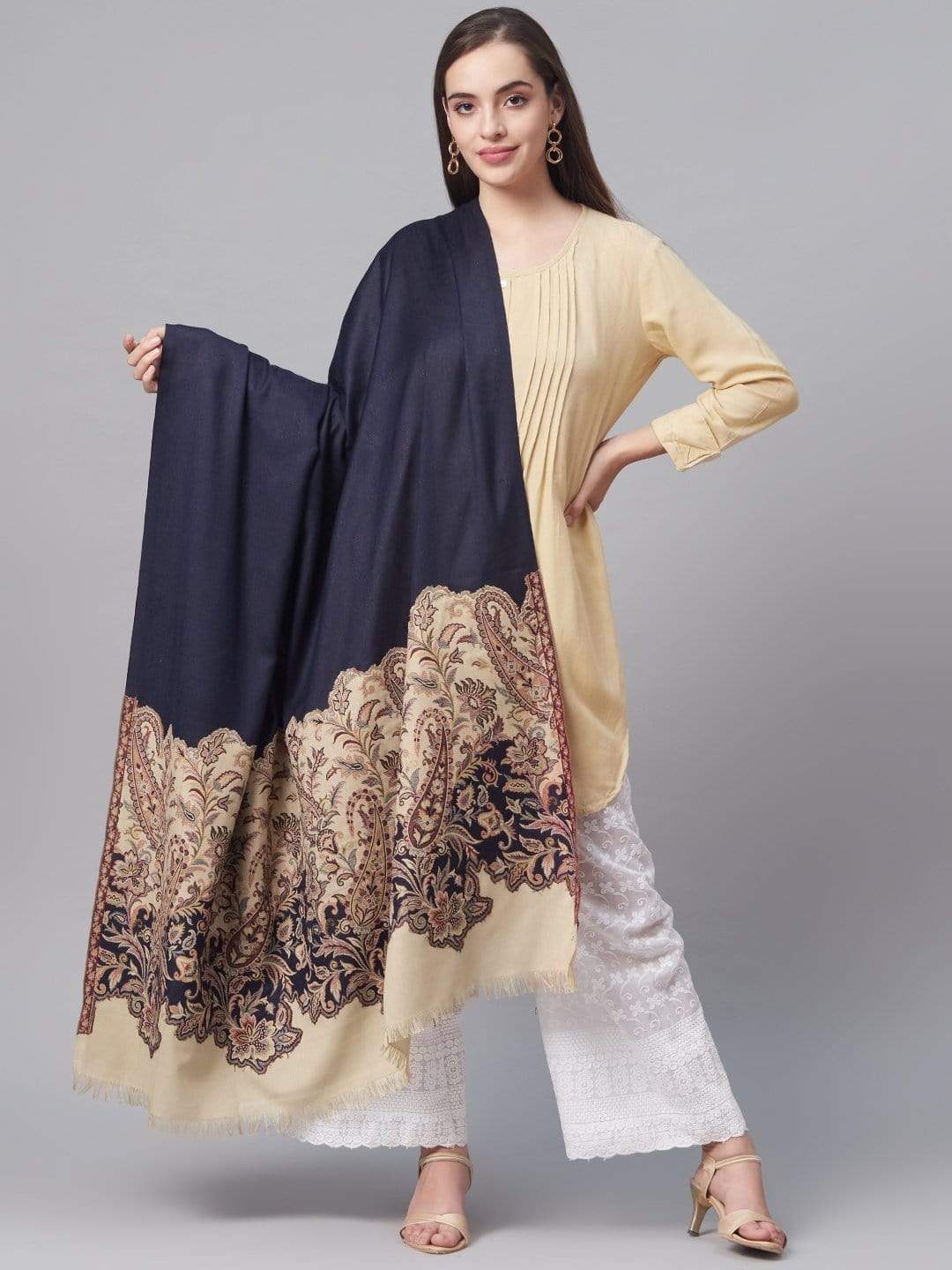 Pashtush India 100x200 Pashutsh Women Navy Blue Woven Design Detail Designer Shawl