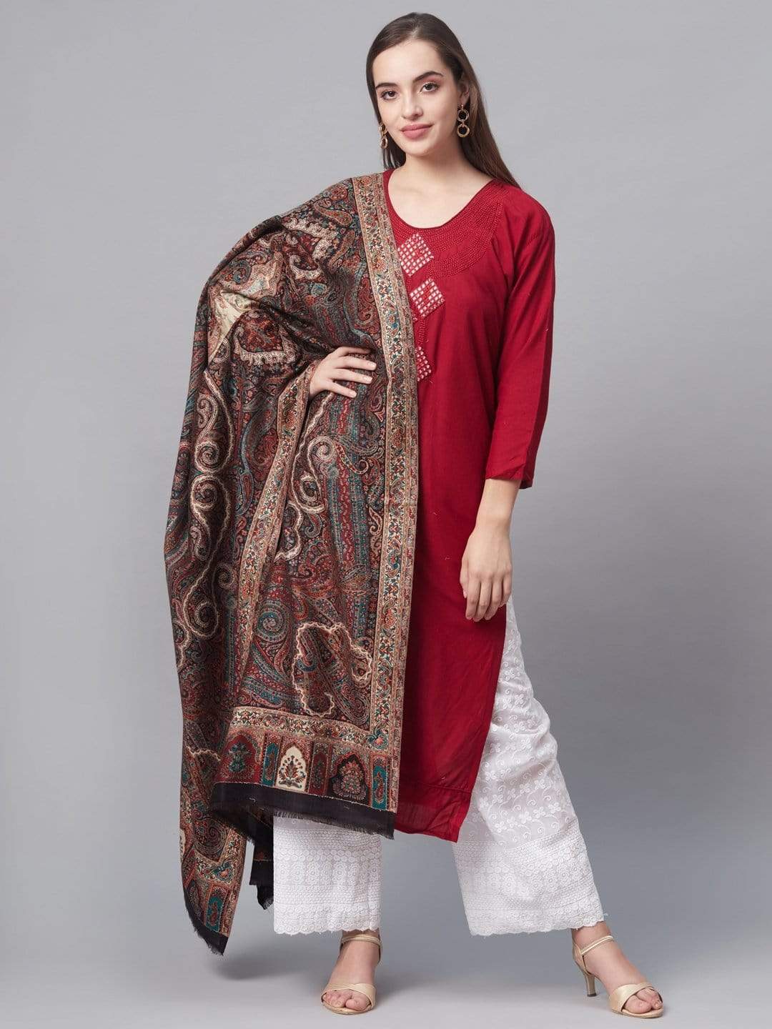 Pashtush India 100x200 Pashutsh Women Rust Red  Beige Ethnic Motifs Woven Design Designer Shawl