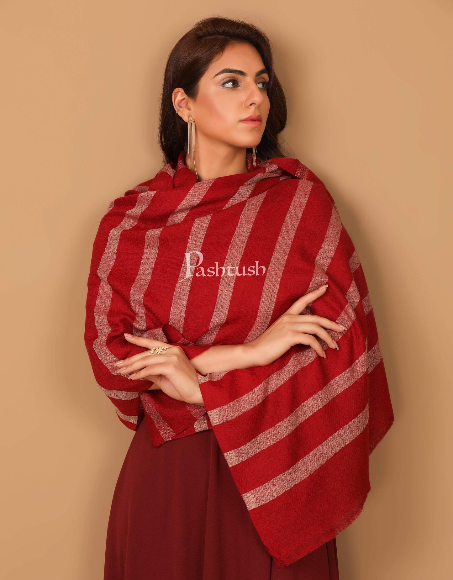 Pashtush India 70x200 Pashutsh Womens Extra Fine Wool, Striped Woven Scarf, Crimson Maroon
